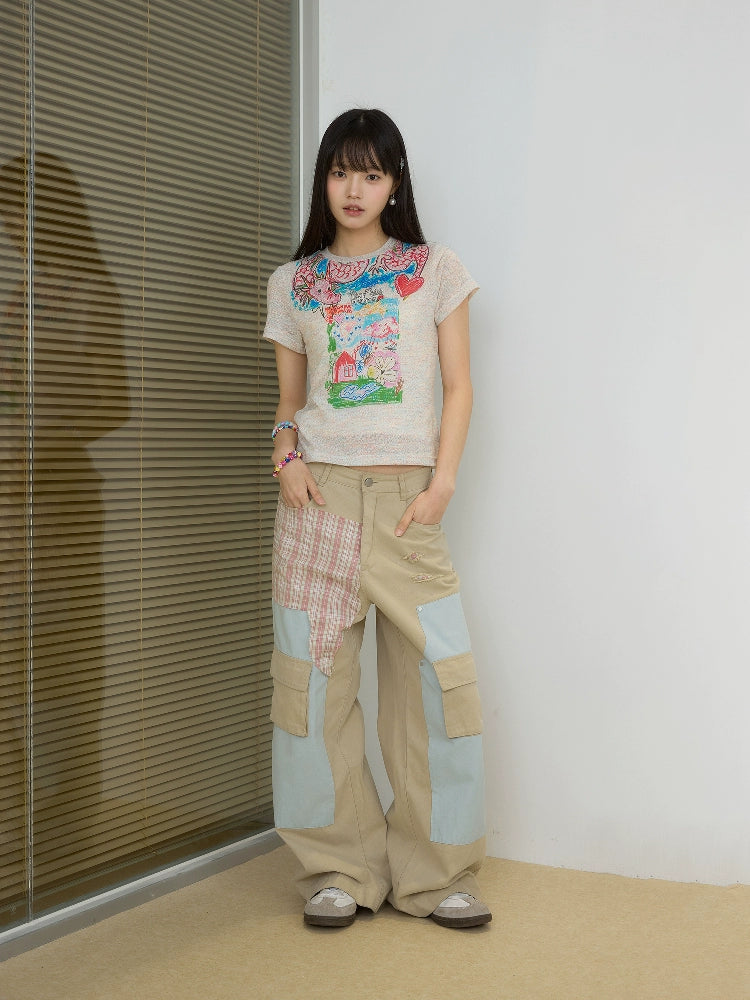 “过肩龙”| eeee原创涂鸦彩纱短袖修身少女感温柔风辣妹T恤夏季