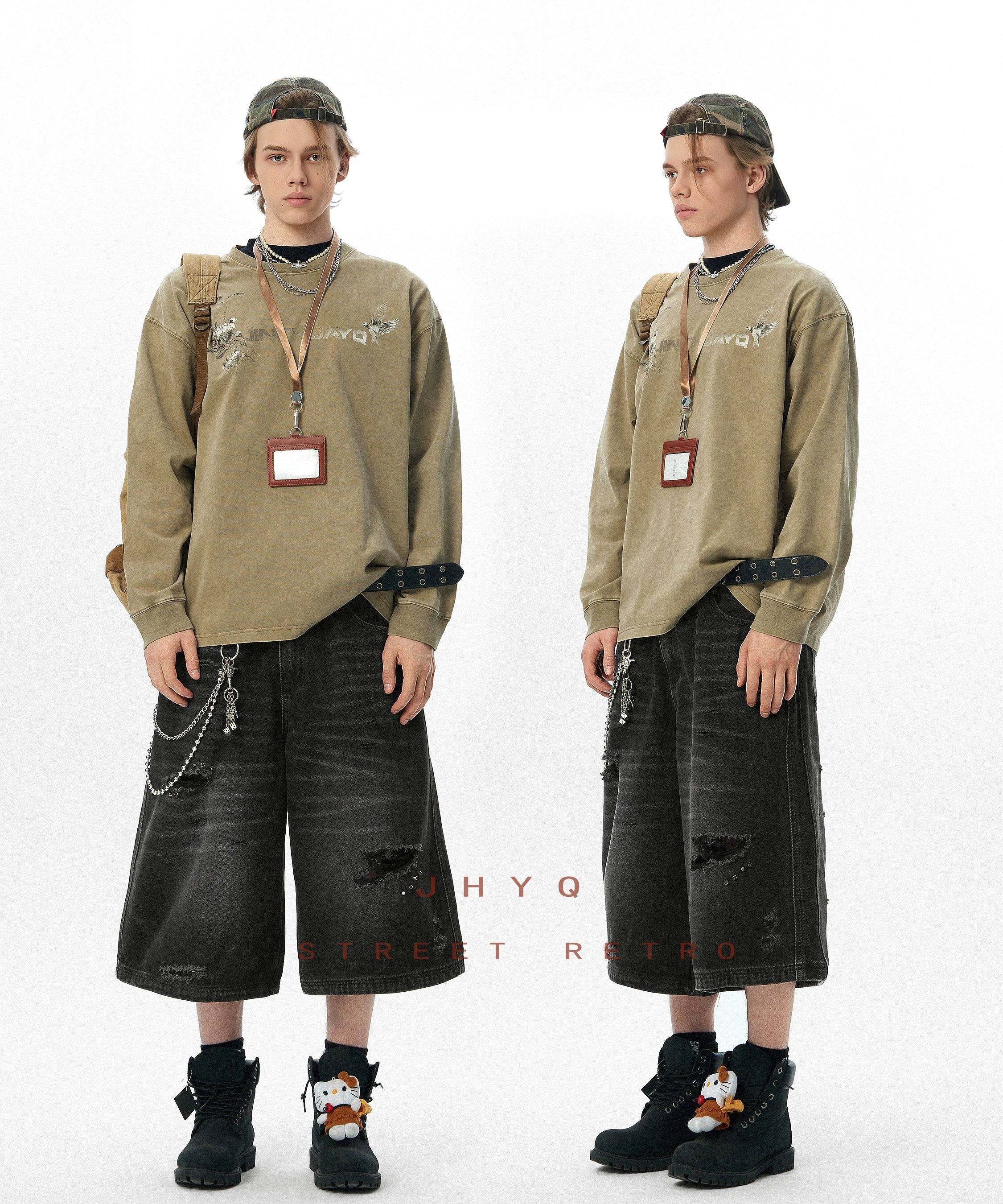 花鸟之语丨JHYQ美式复古水洗320重磅长袖T恤男士字母做旧印花卫衣