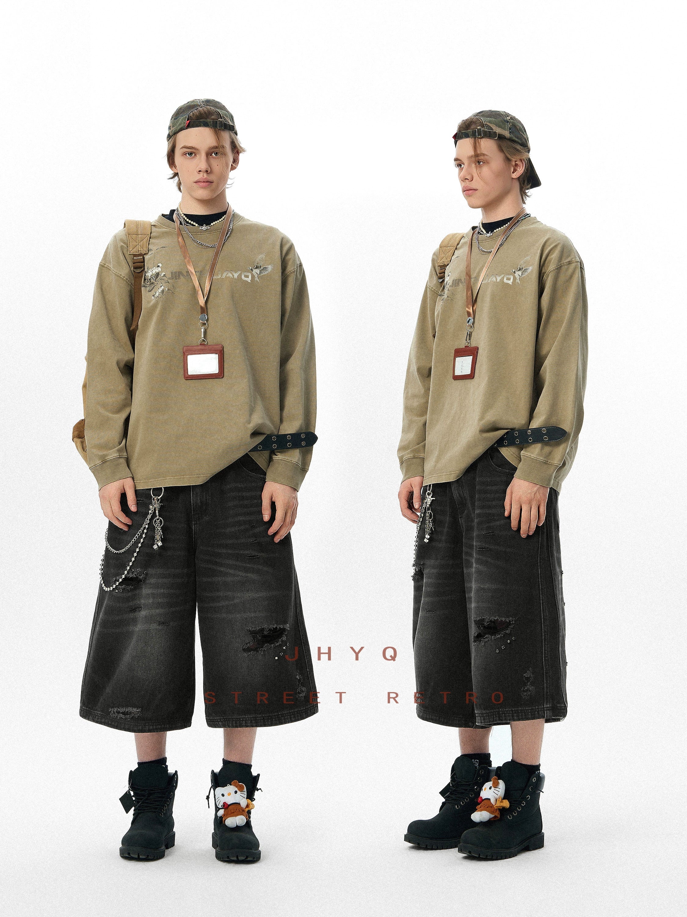 花鸟之语丨JHYQ美式复古水洗320重磅长袖T恤男士字母做旧印花卫衣