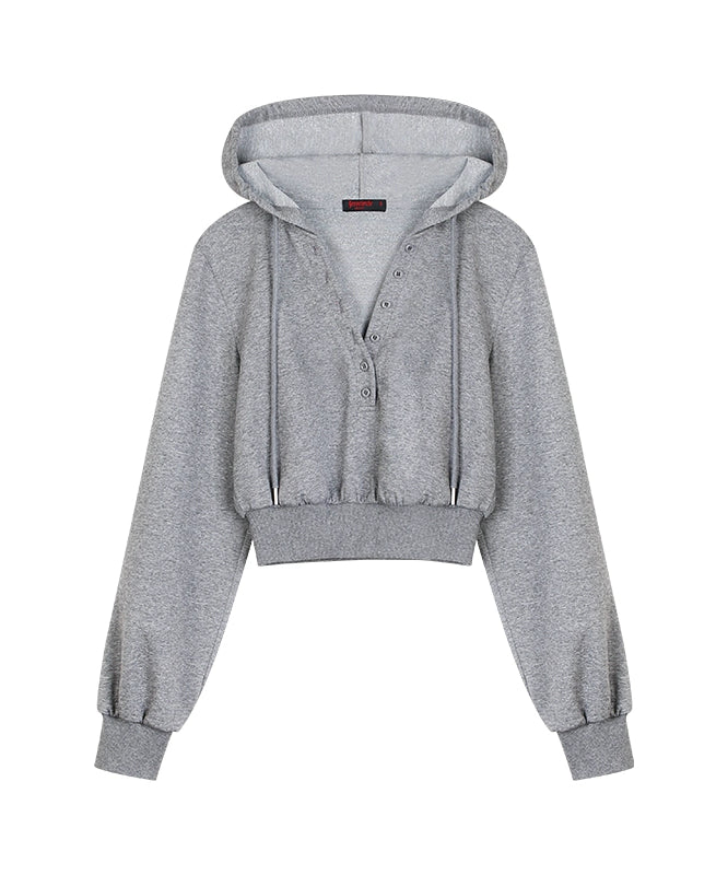 野生zerocircle 花灰色v领短款连帽卫衣女春秋季宽松显瘦休闲上衣