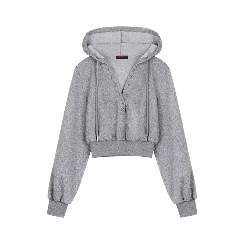 野生zerocircle 花灰色v领短款连帽卫衣女春秋季宽松显瘦休闲上衣