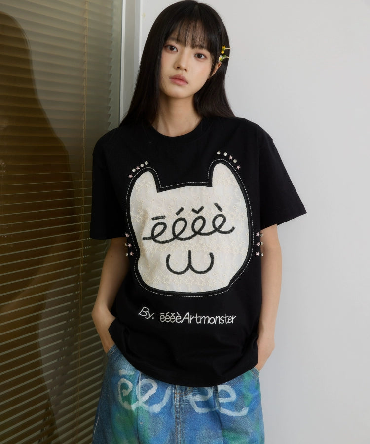 “芭蕾猫咪”｜eeee原创设计感蕾丝贴布绣T恤搞怪钻石猫咪短袖夏