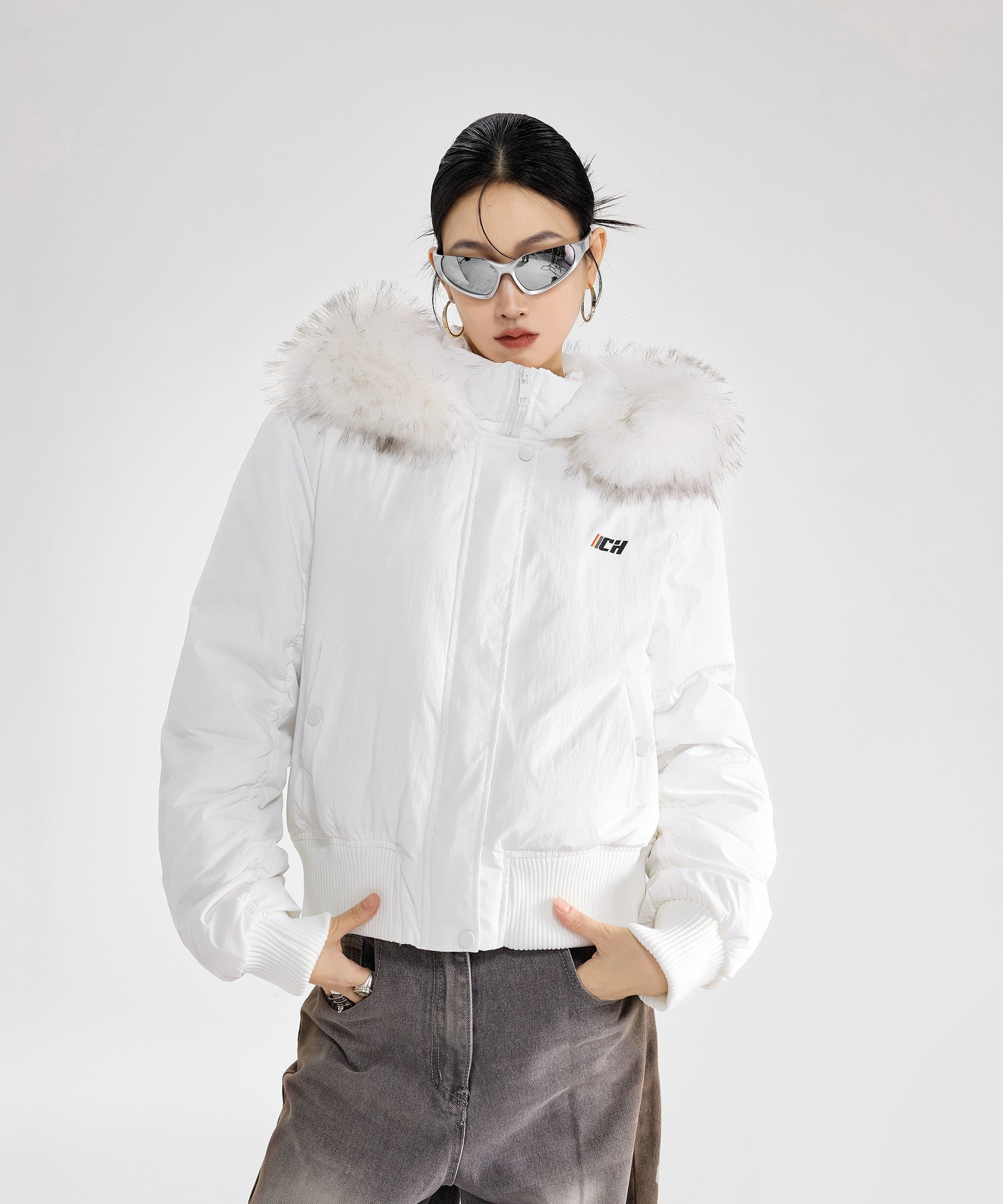 ICH MODE 美式复古毛领连帽立领棉服女秋冬季防寒棉衣修身短外套