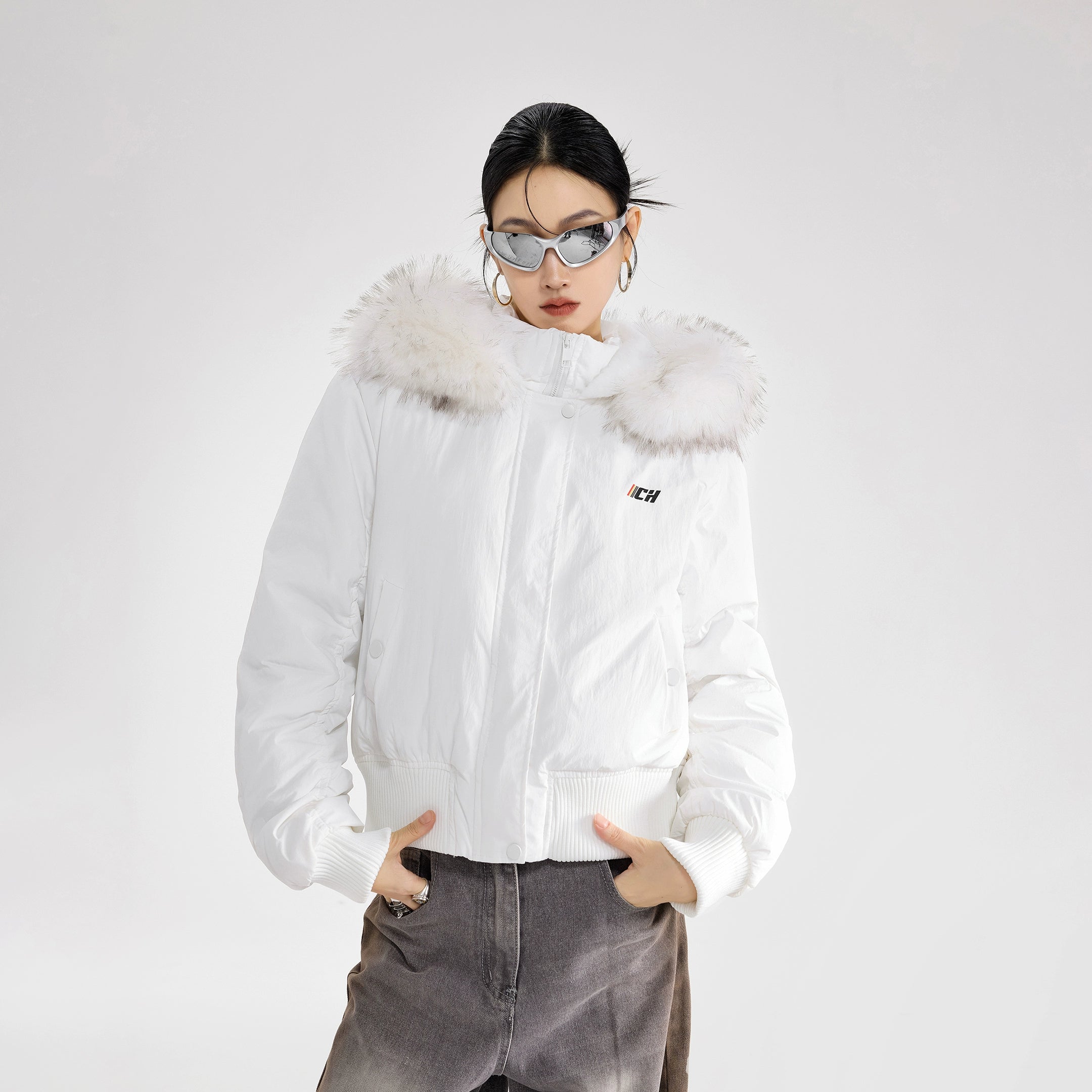 ICH MODE 美式复古毛领连帽立领棉服女秋冬季防寒棉衣修身短外套