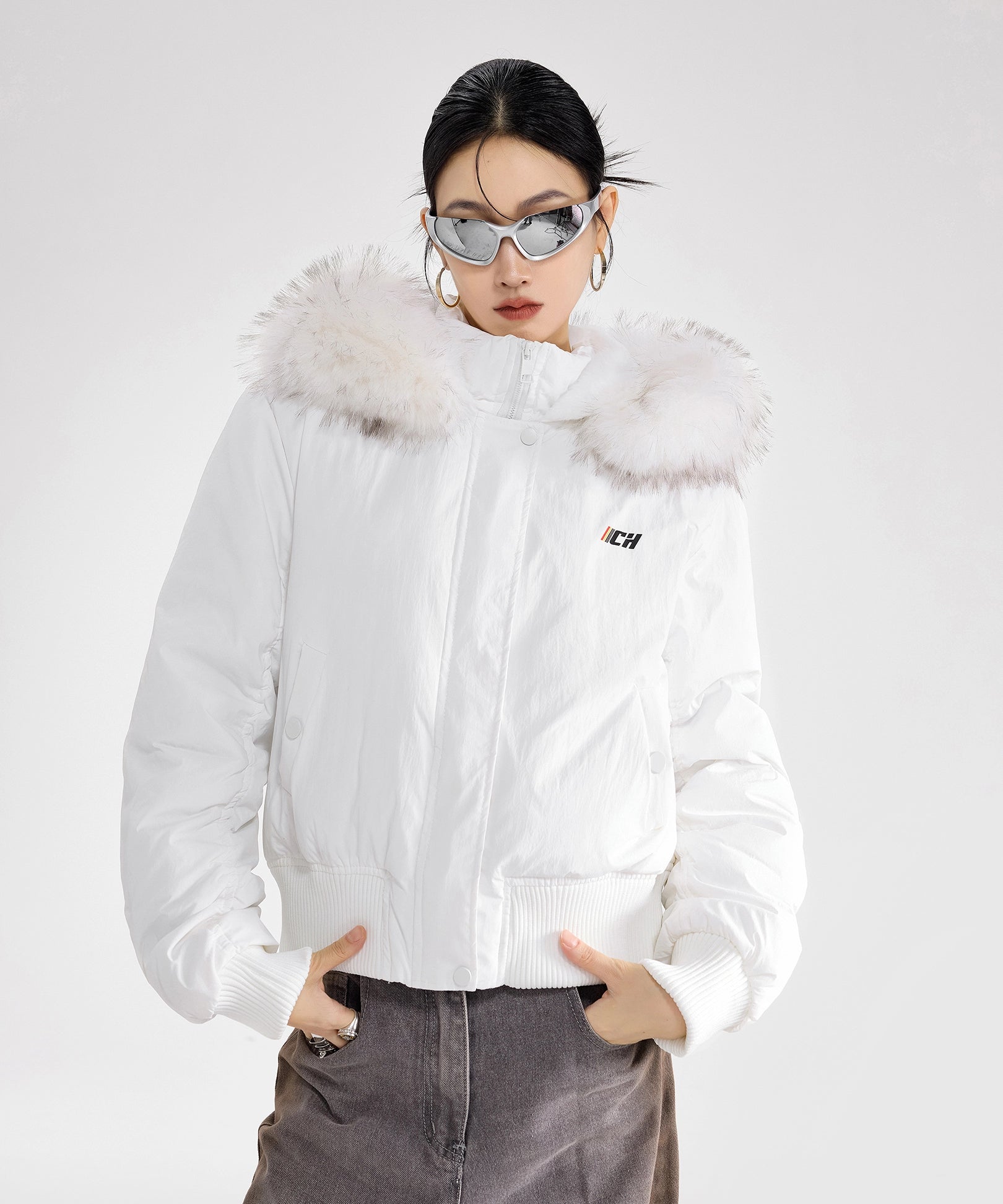 ICH MODE 美式复古毛领连帽立领棉服女秋冬季防寒棉衣修身短外套