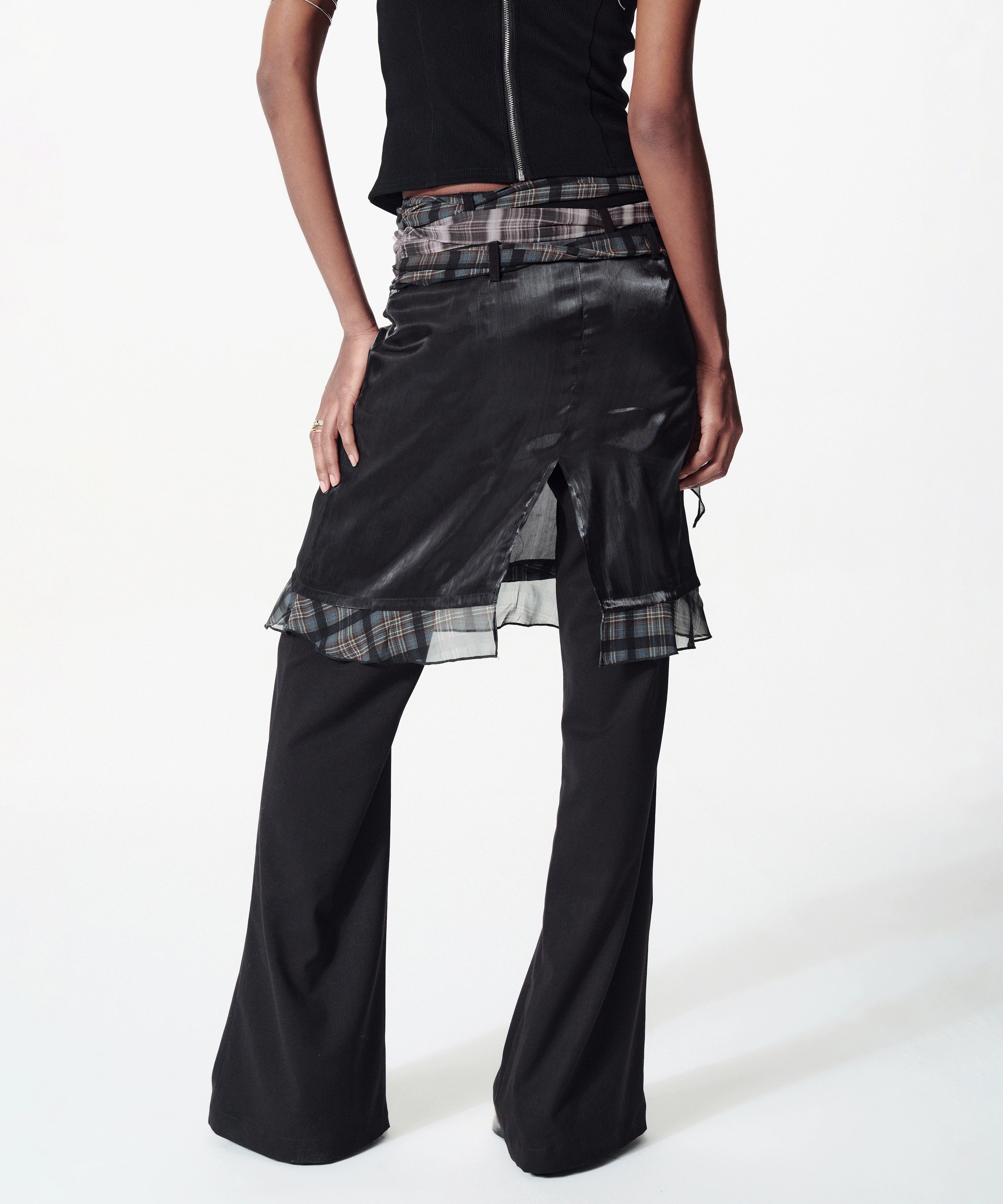 2th Desire撞色格纹丝带拼接荷叶边缎面叠穿微喇休闲西裤裙裤女