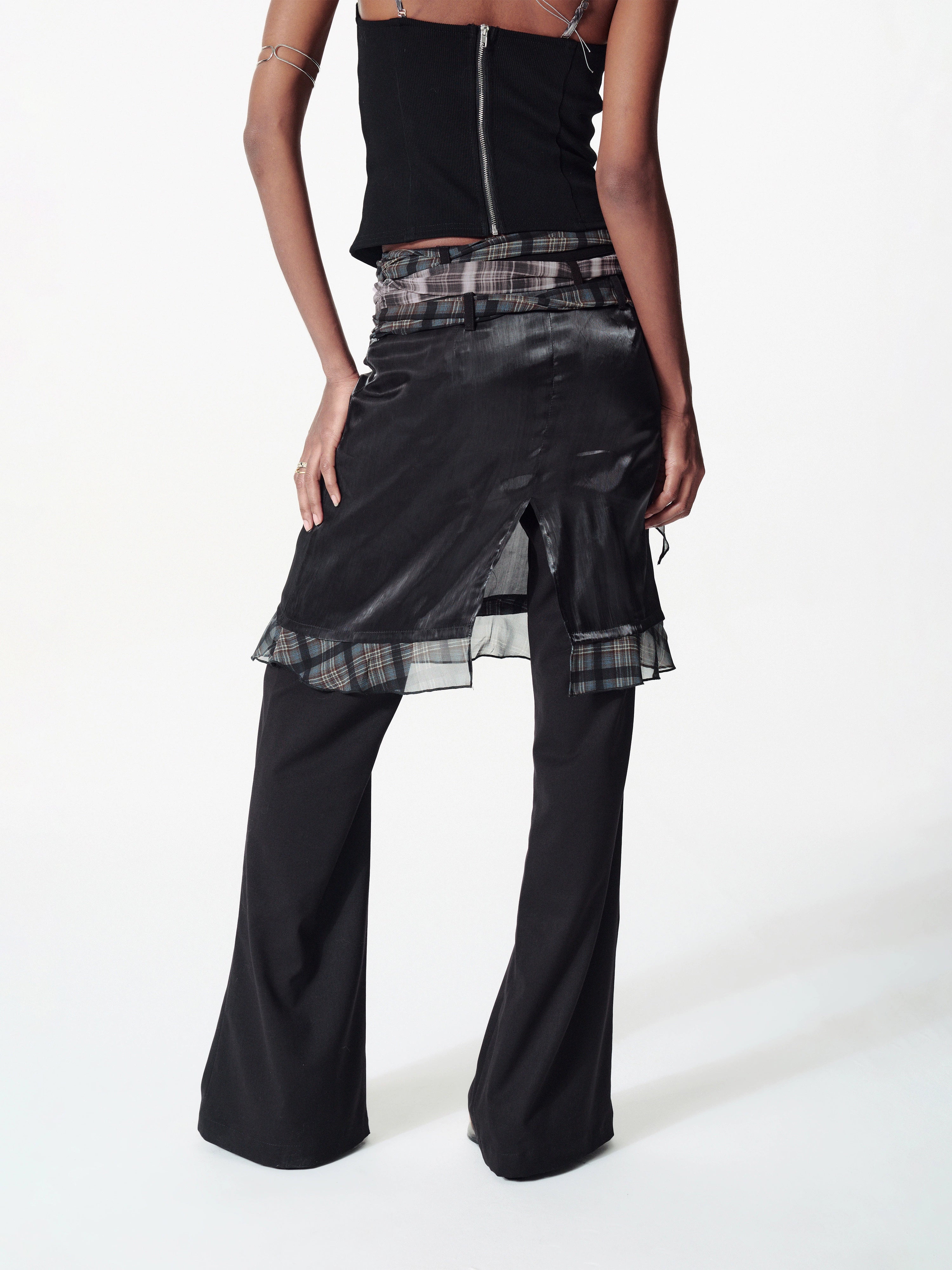 2th Desire撞色格纹丝带拼接荷叶边缎面叠穿微喇休闲西裤裙裤女