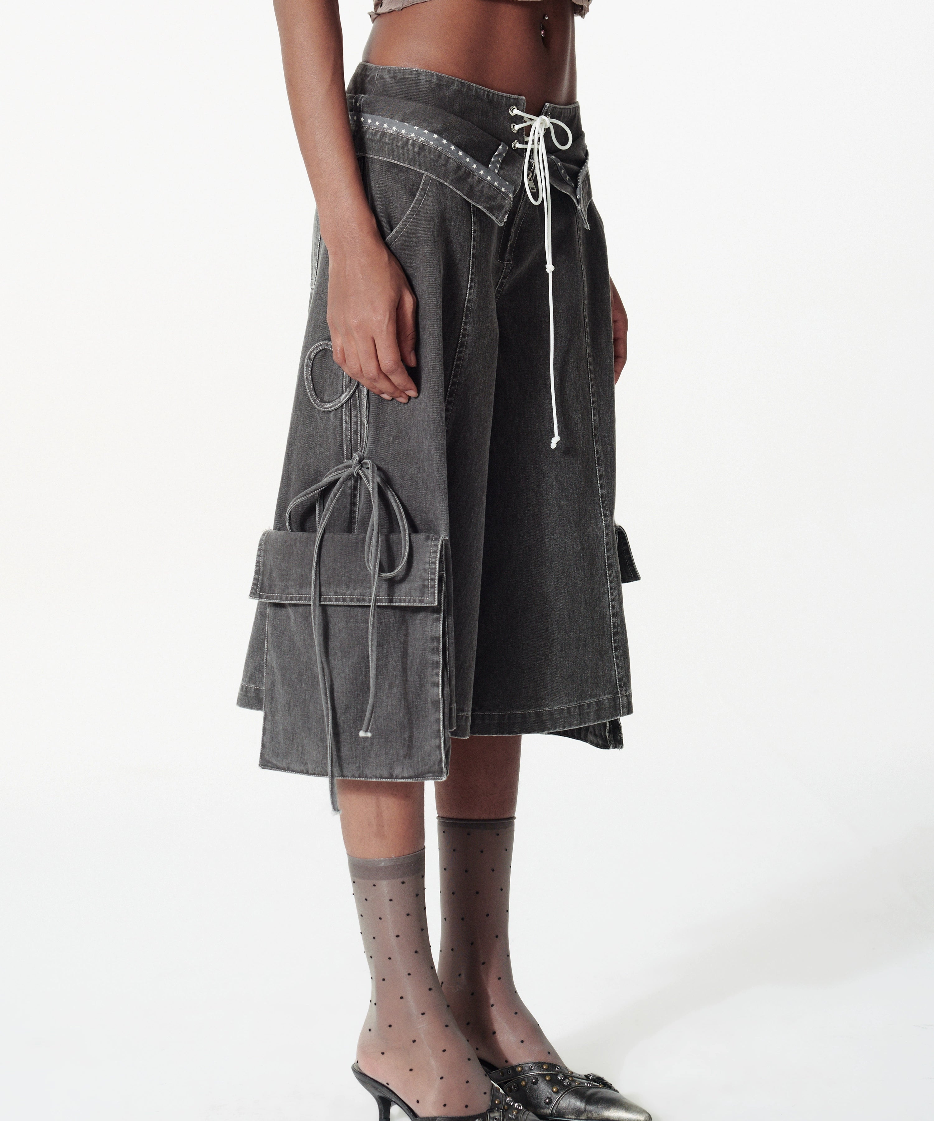 2th Desire复古解构洗水双腰头绑带豹纹撞色条工装感宽松中裤女