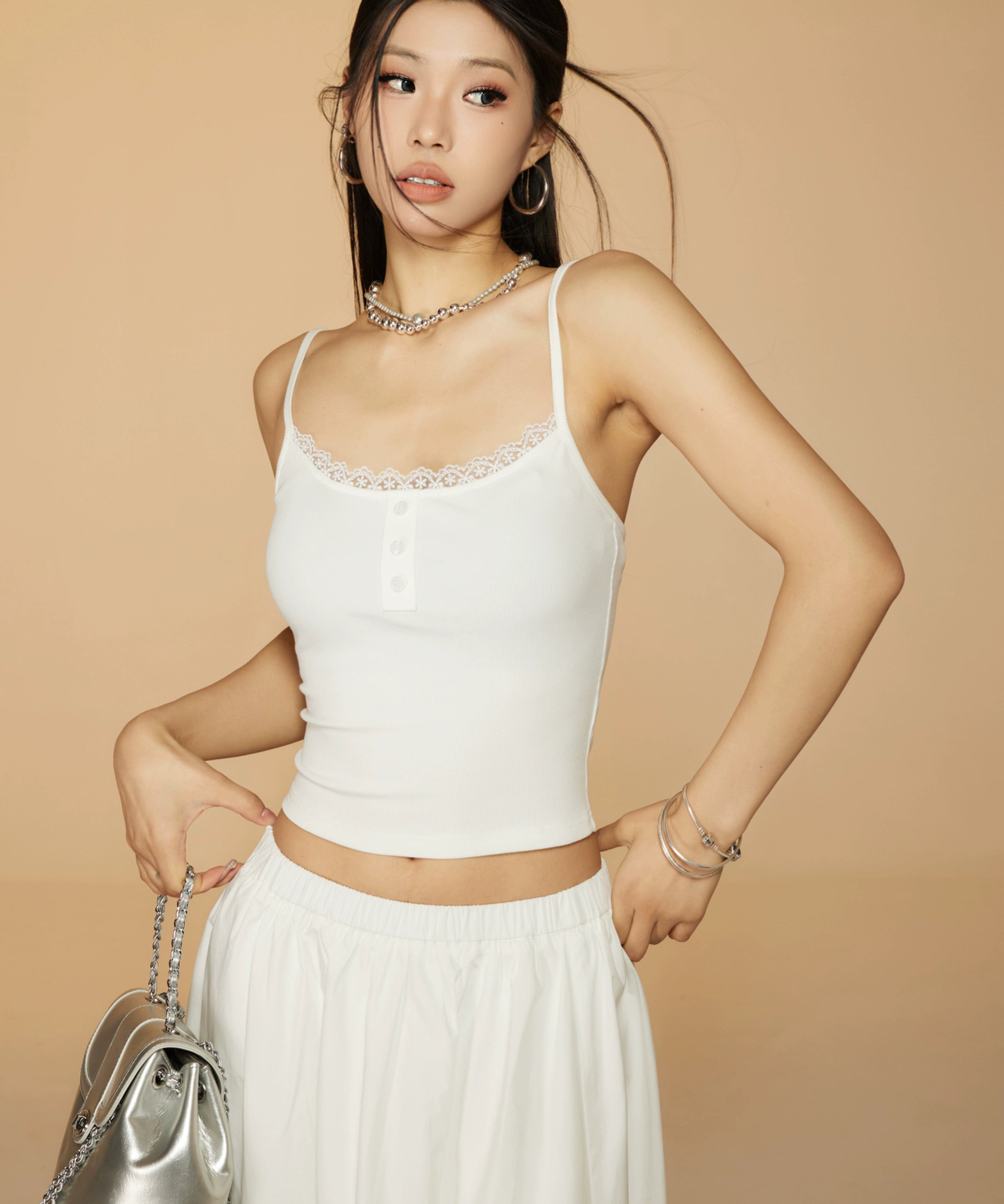 野生zerocircle 辣妹套装裙女春季白色蕾丝吊带背心显瘦a字长裙子