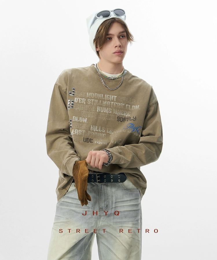 水洗系列丨JHYQ美式字母钉珠320g重磅满印长袖T恤男潮流复古卫衣