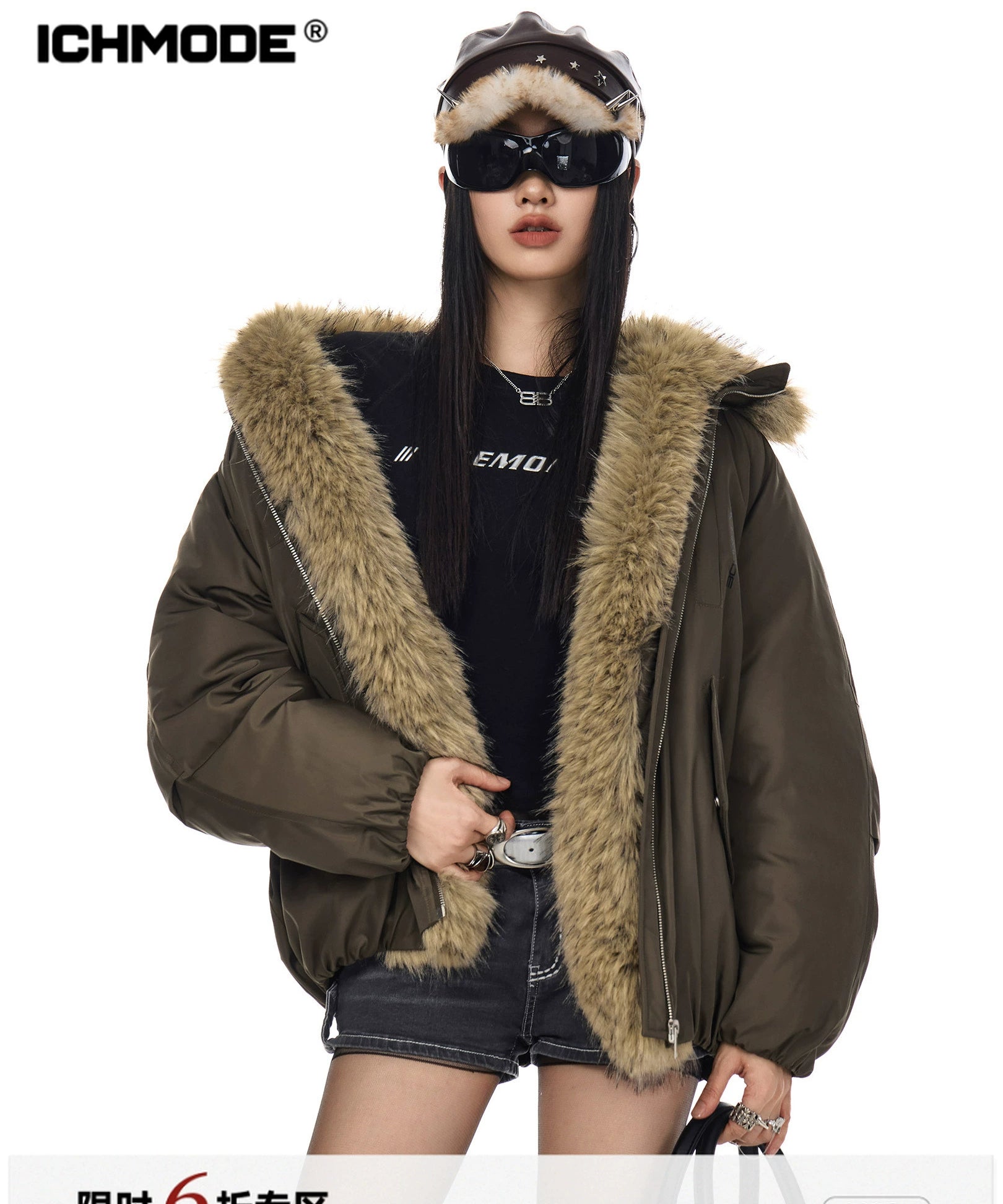 ICH MODE 美式复古座山雕棉衣棉服女2025新款秋冬季毛领防寒外套