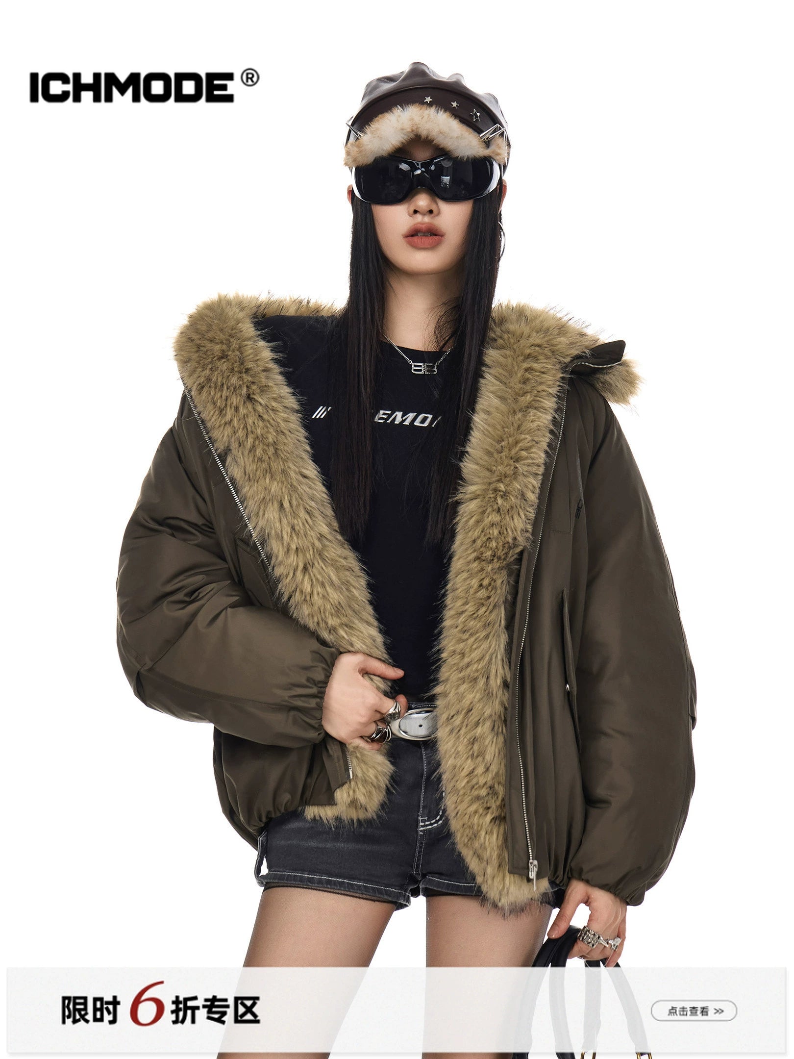 ICH MODE 美式复古座山雕棉衣棉服女2025新款秋冬季毛领防寒外套