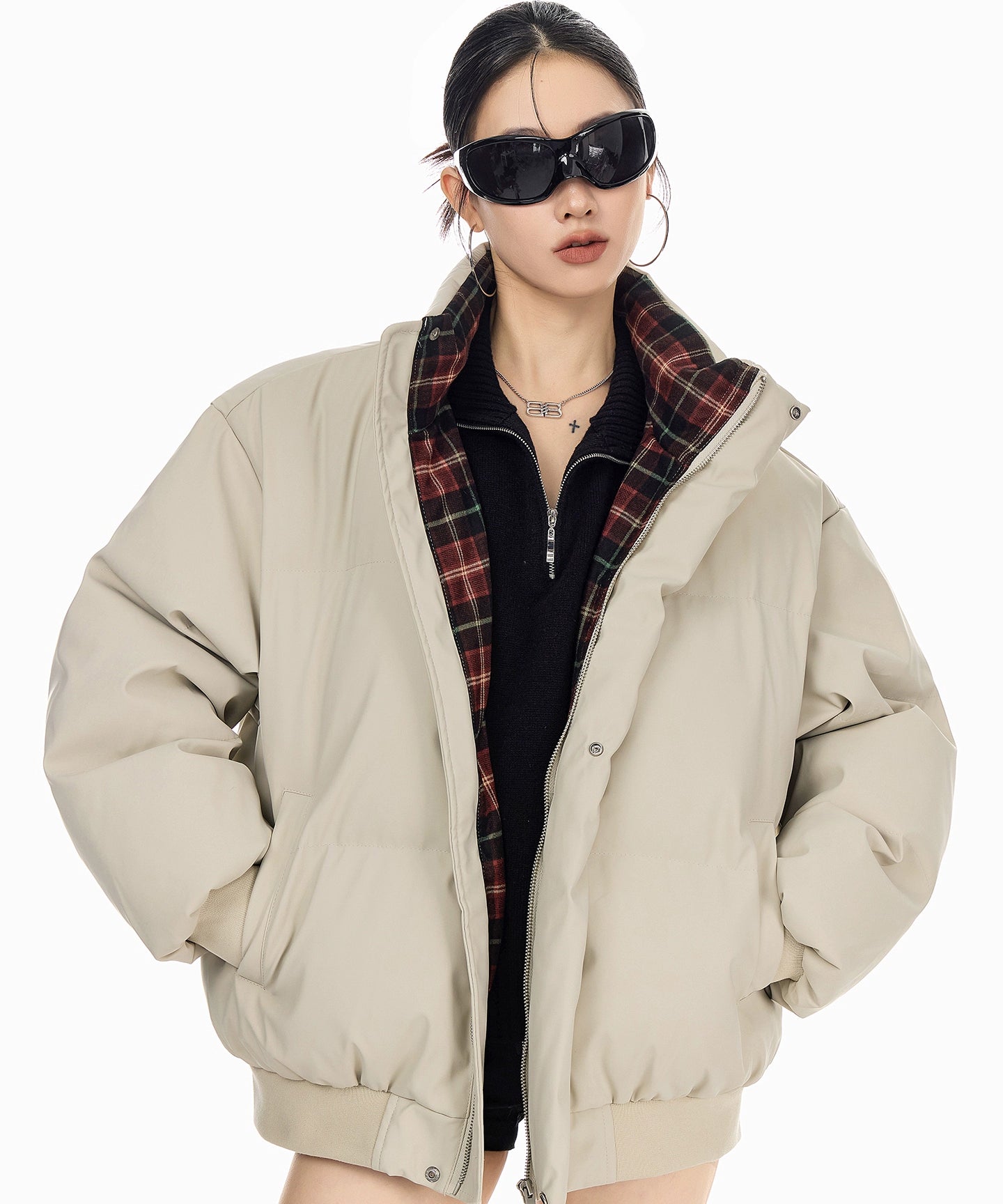 ICH MODE 美式复古格子拼接棉服女秋冬季保暖防寒面包服棉衣外套