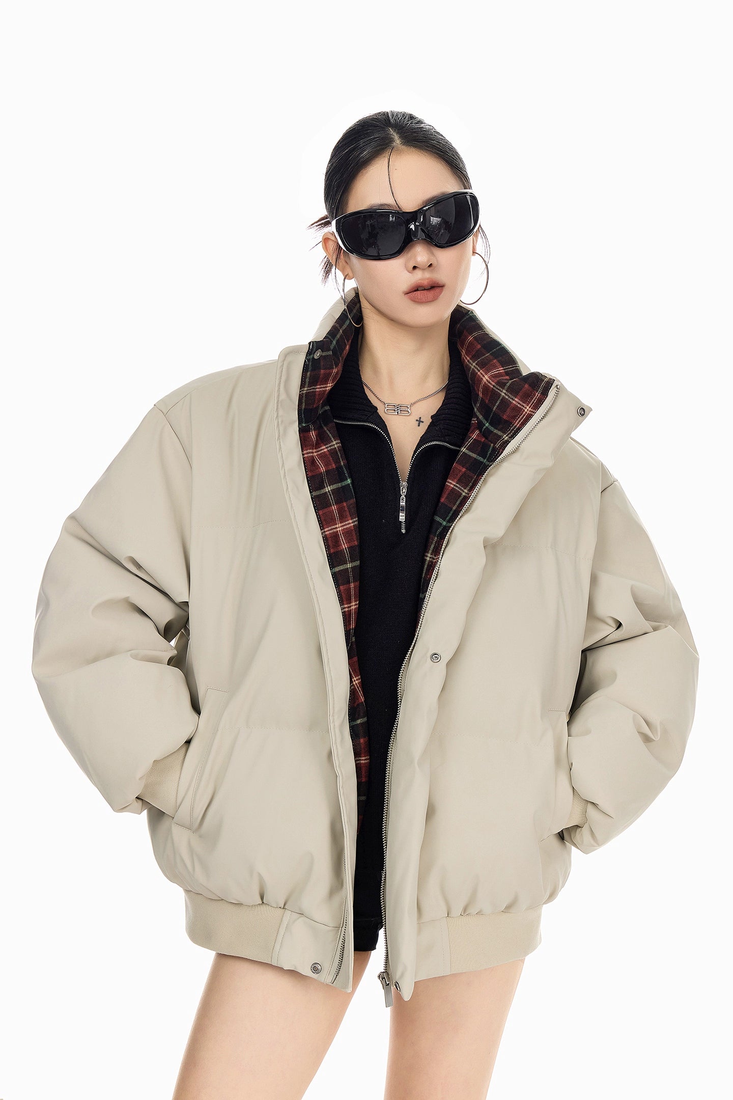 ICH MODE 美式复古格子拼接棉服女秋冬季保暖防寒面包服棉衣外套