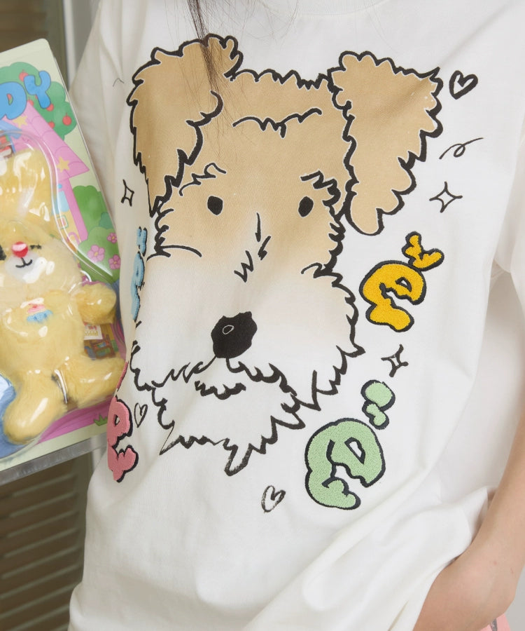 “白雪”｜eeee创意刚毛猎狐梗狗狗短袖宽松彩色字母牙刷绣T恤夏