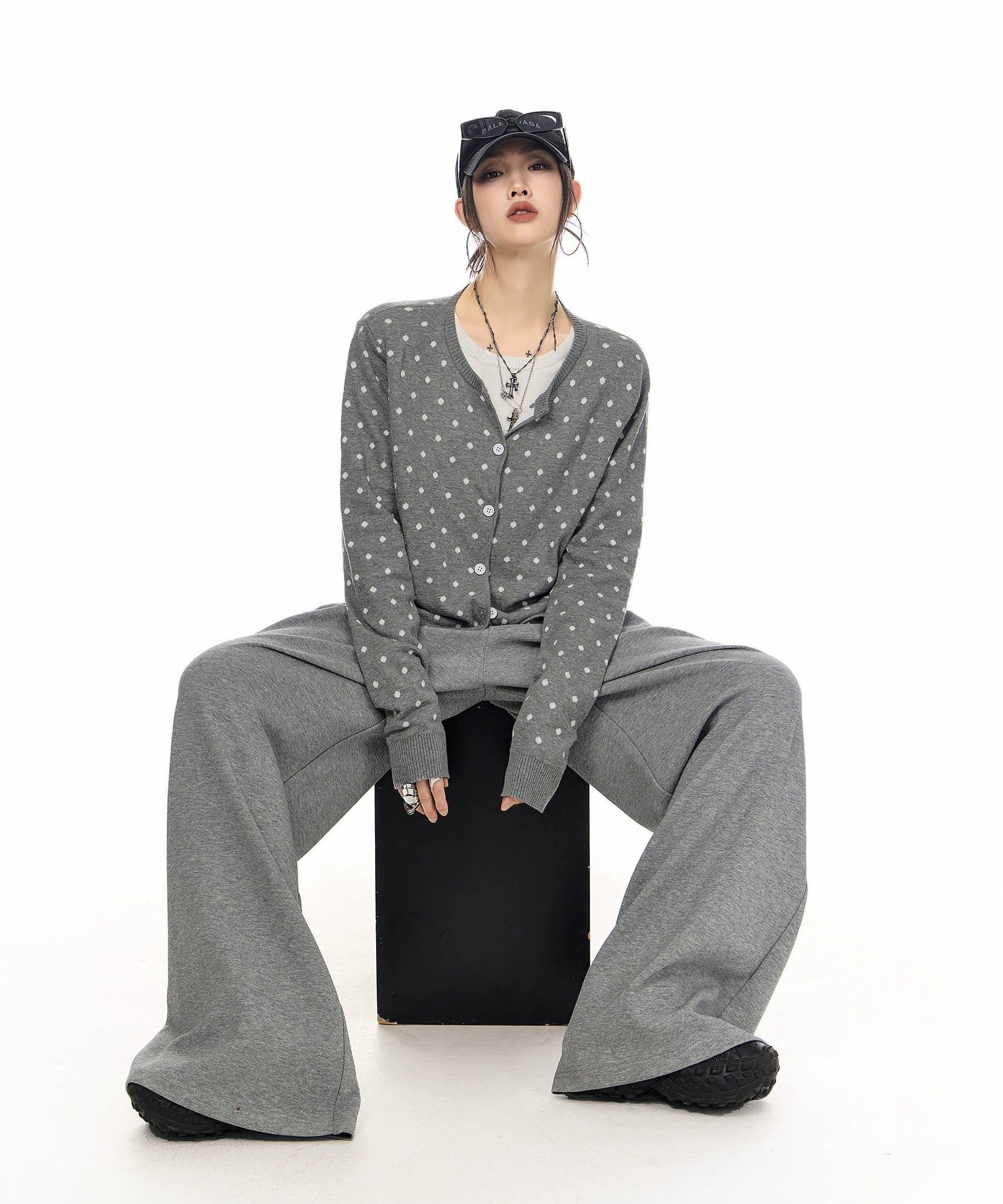 ICH MODE 美式复古修身波点针织开衫女2025新款秋冬慵懒毛衣外套