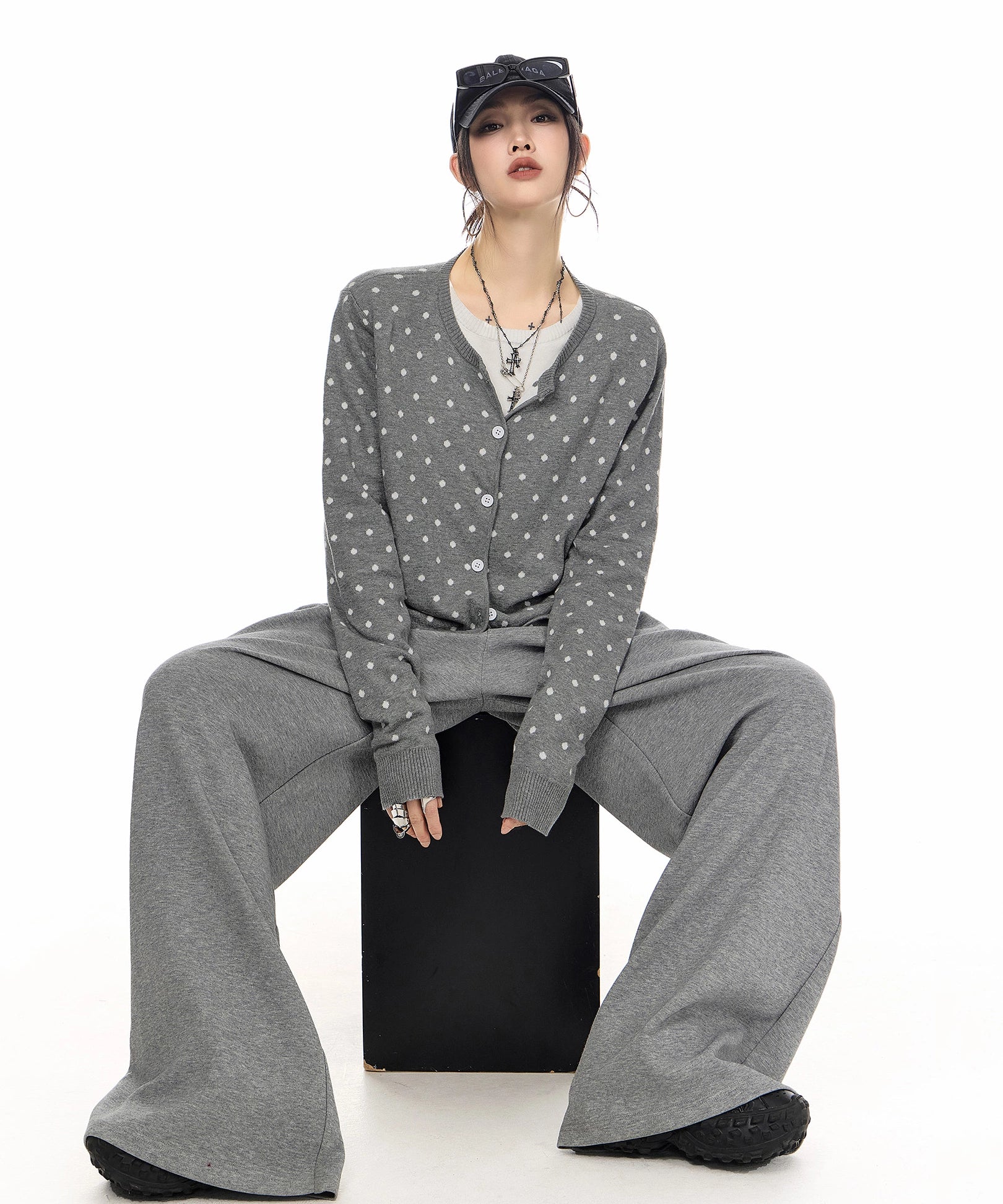 ICH MODE 美式复古修身波点针织开衫女2025新款秋冬慵懒毛衣外套