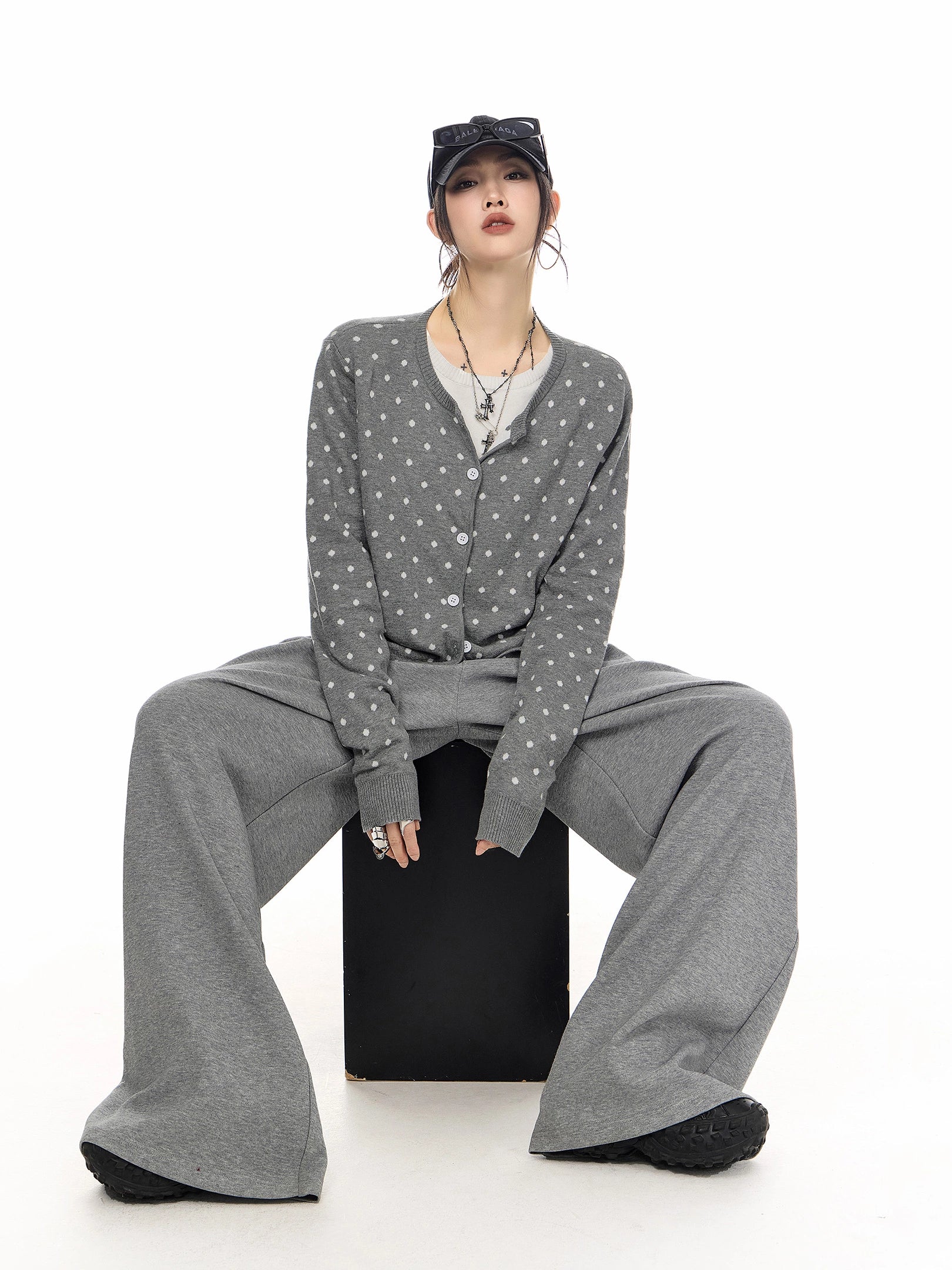 ICH MODE 美式复古修身波点针织开衫女2025新款秋冬慵懒毛衣外套