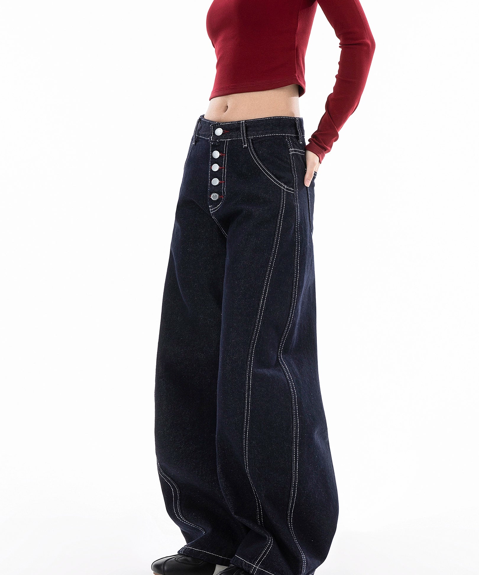 ICH MODE 美式复古宽松牛仔裤女秋冬廊形阔腿弯刀裤休闲直筒长裤