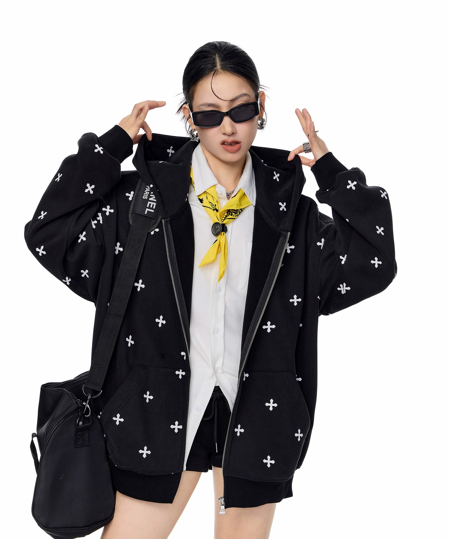 ICH MODE 美式哥特风十字架满印连帽卫衣外套女秋冬拉链开衫上衣