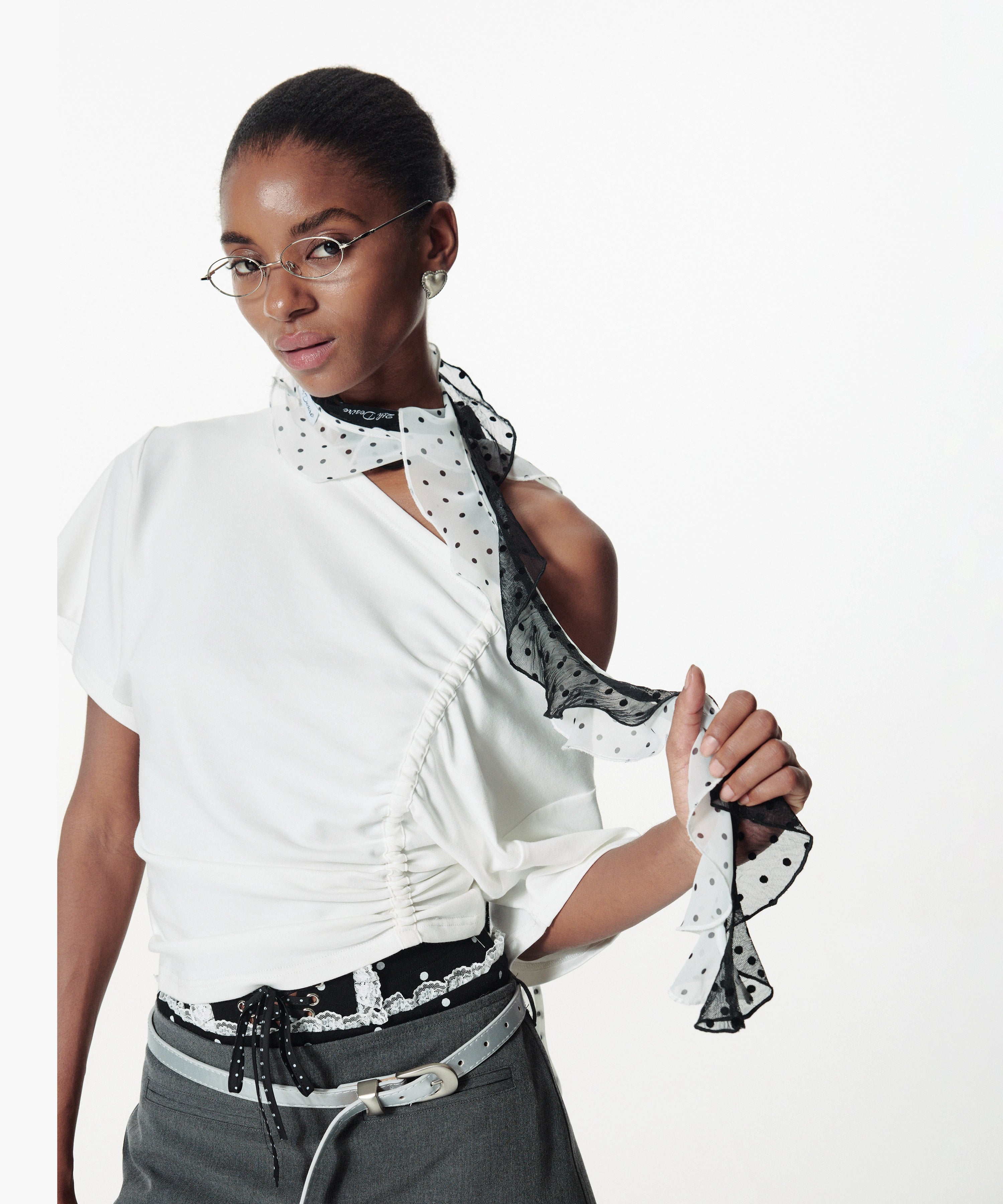 2th Desire透感植绒复古波点百搭荷叶边丝巾夏季网纱小围巾