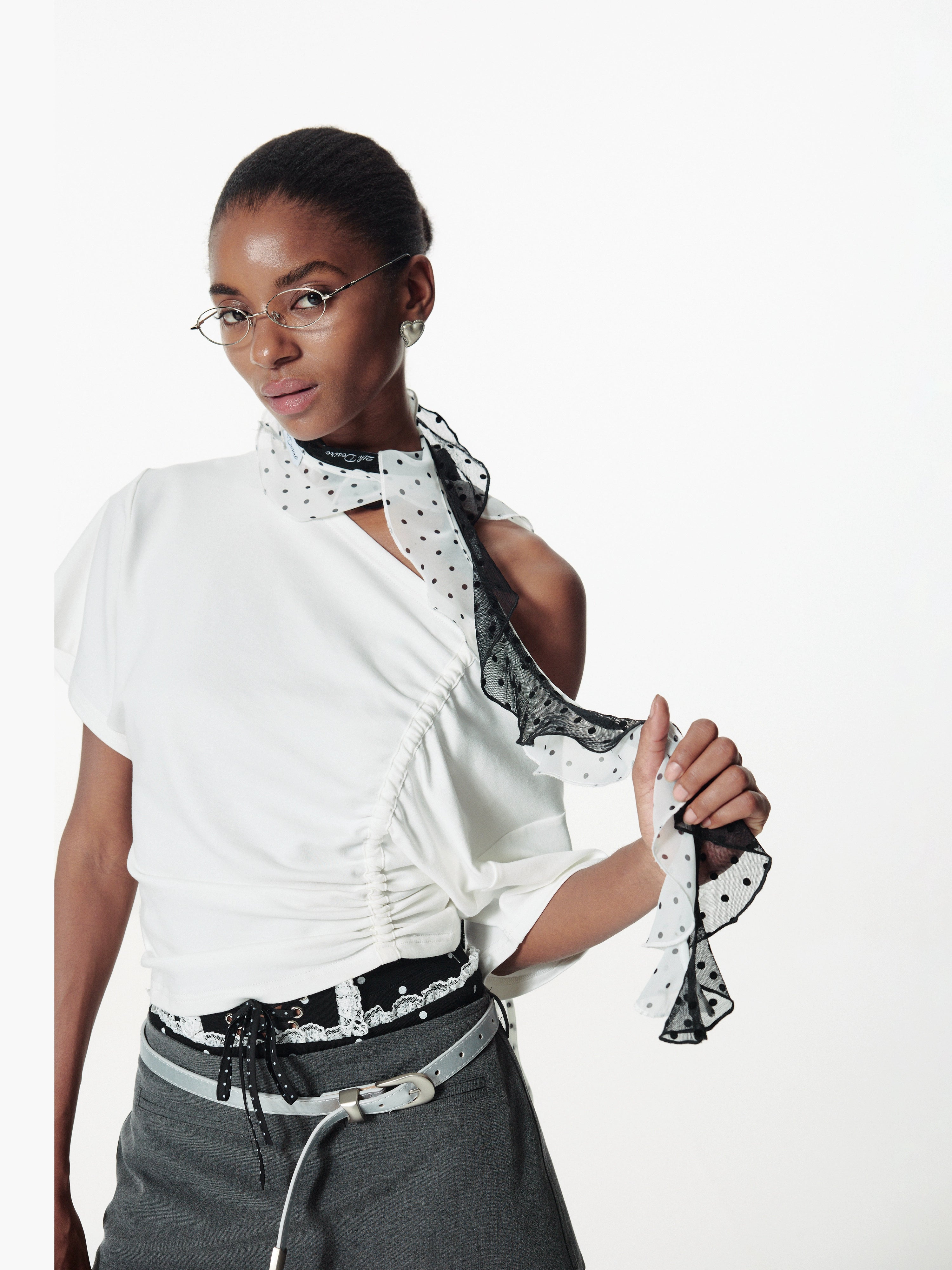 2th Desire透感植绒复古波点百搭荷叶边丝巾夏季网纱小围巾