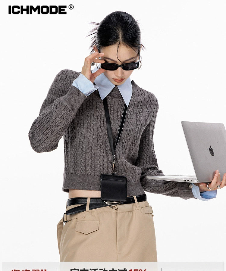 ICH MODE 美式复古假两件毛针织衫女2025秋冬新款衬衫领套头毛衣