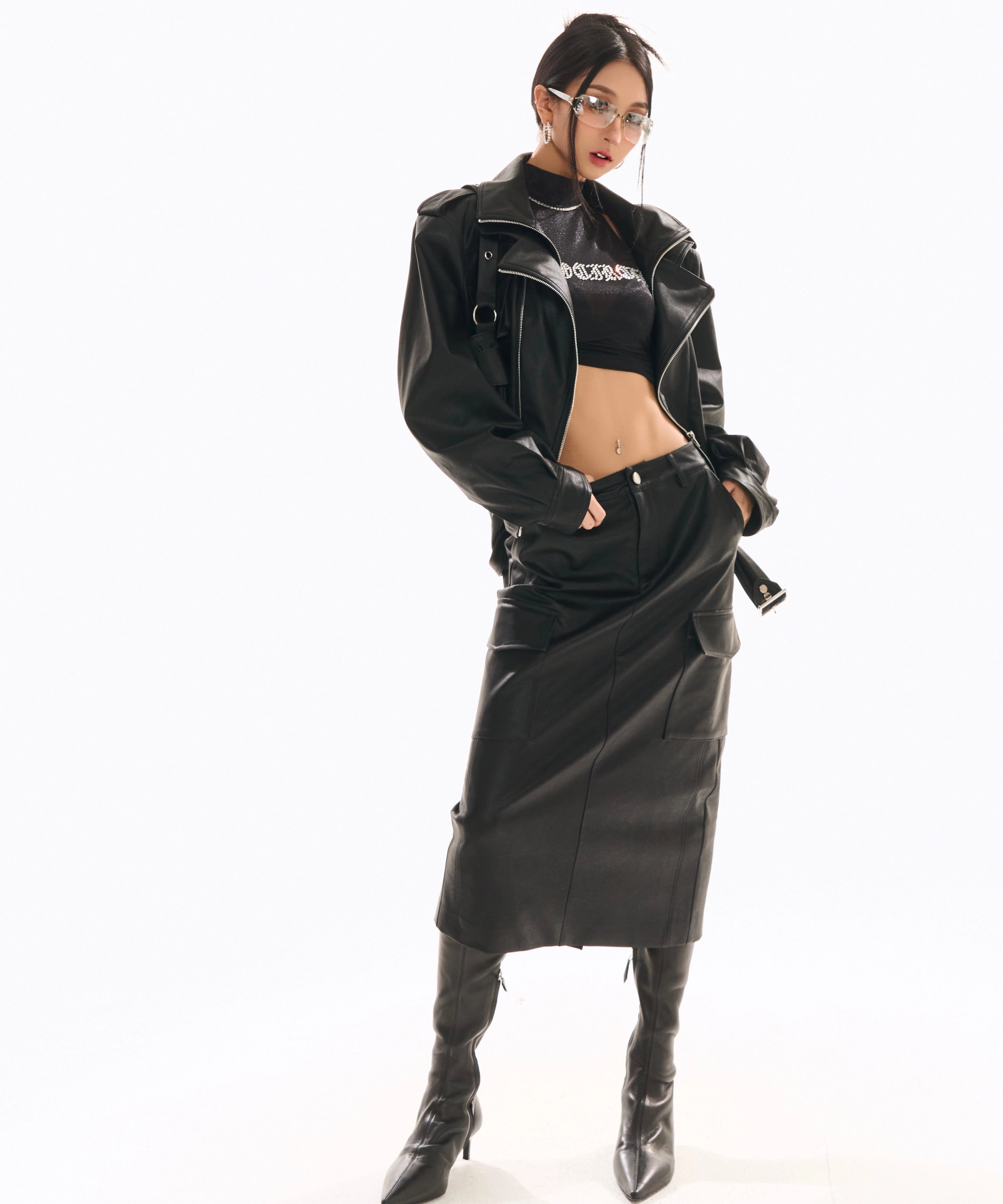 野生zerocircle黑色皮裙女秋辣妹显瘦小众开叉直筒中长款半身裙子