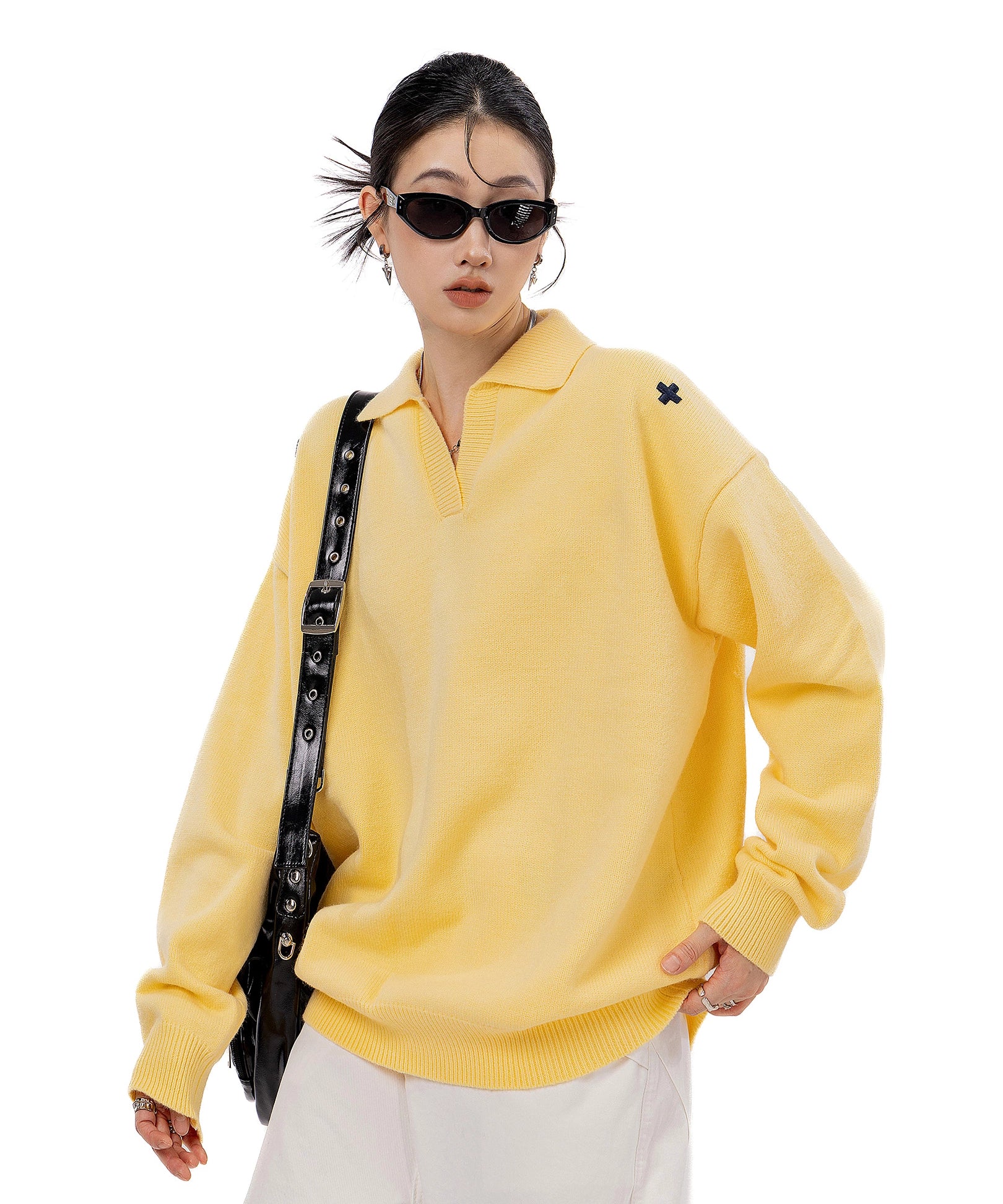 ICH MODE 美式V领套头毛衣外套女秋冬季新款休闲慵懒毛针织衫上衣