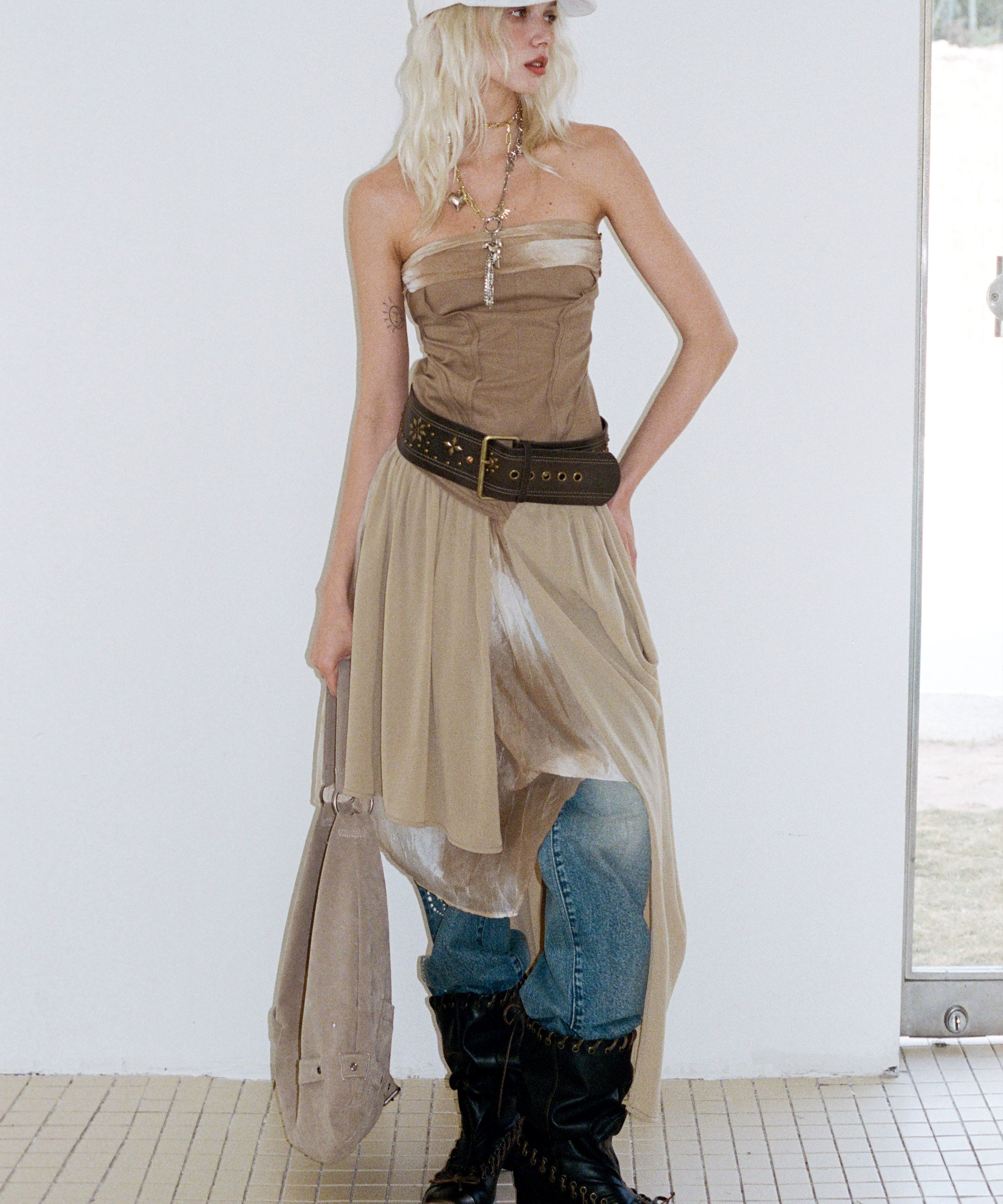 2th Desire复古解构流浪风晕染印花不规则抹胸褶皱拼纱连衣裙女