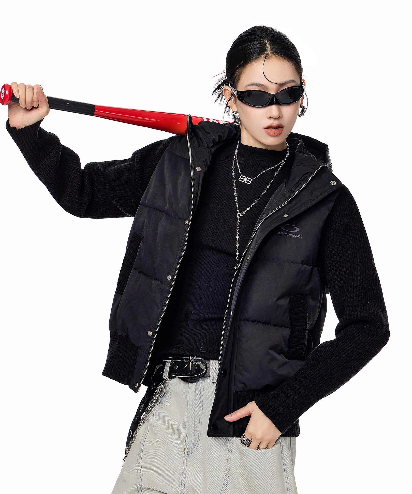 ICH MODE 美式复古假两件短款棉服外套女秋冬季修身连帽棉衣上衣