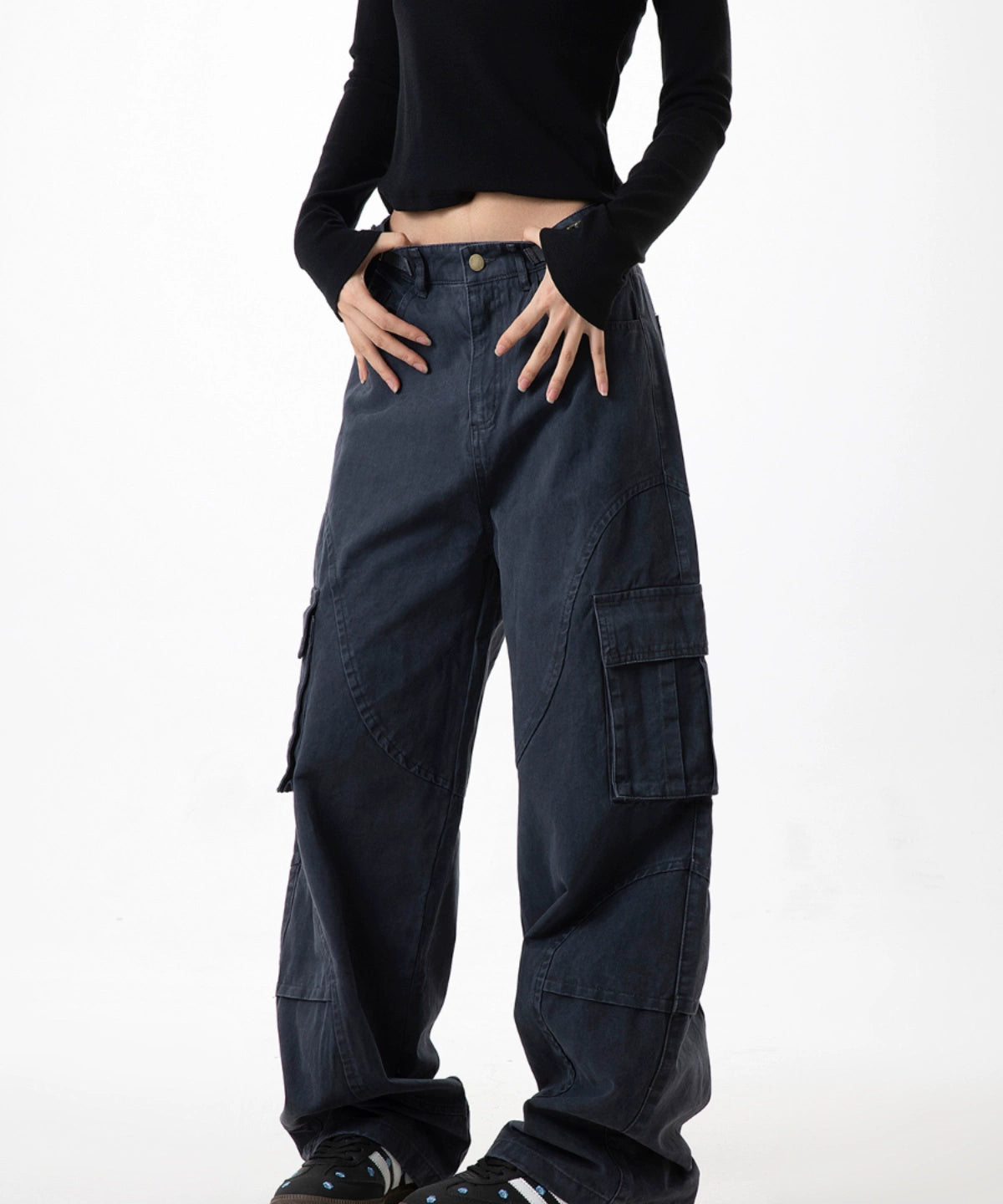 ICH MODE 美式复古口袋工装裤女宽松直筒阔腿运动休闲裤2025新款