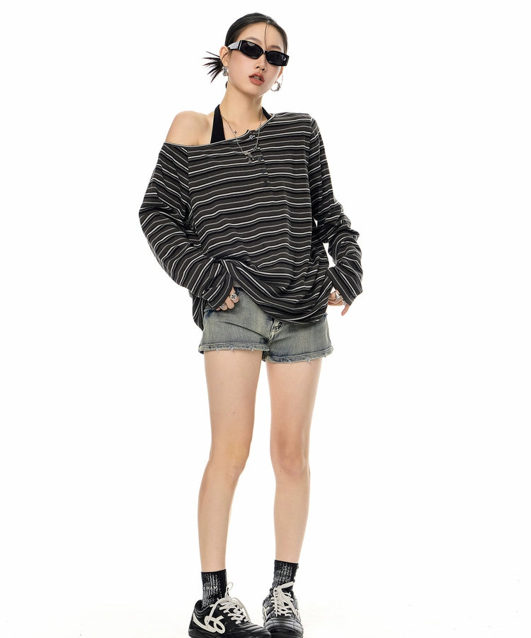 ICH MODE 美式复古斜肩T恤女2025新款秋冬露肩长袖宽松一字肩上衣