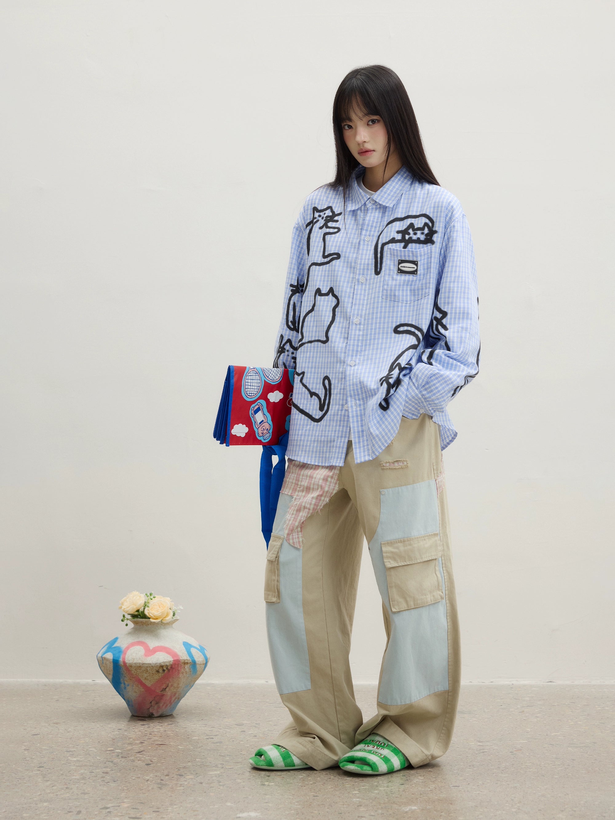 “猫屋”| eeee小众设计师款手绘猫咪涂鸦衬衫蓝色格纹长袖衬衣秋