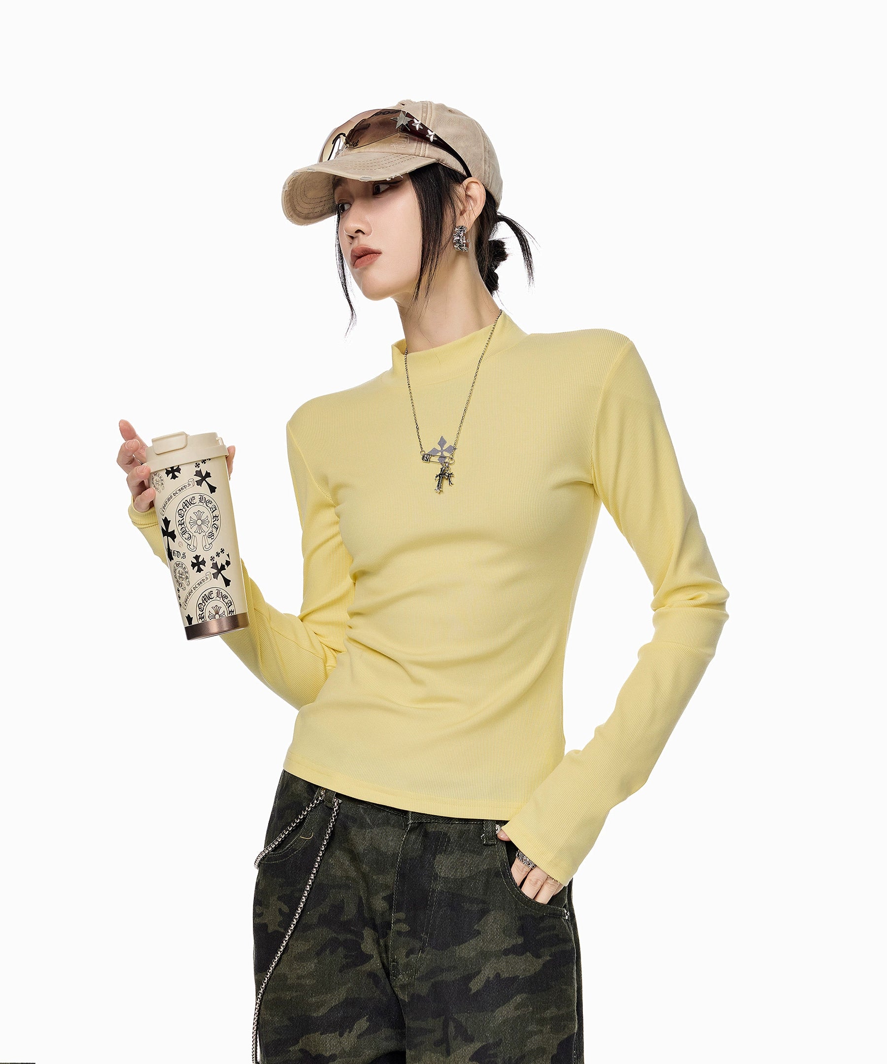 ICH MODE 美式复古修身长袖T恤女秋冬内搭打底衫修身圆领正肩上衣