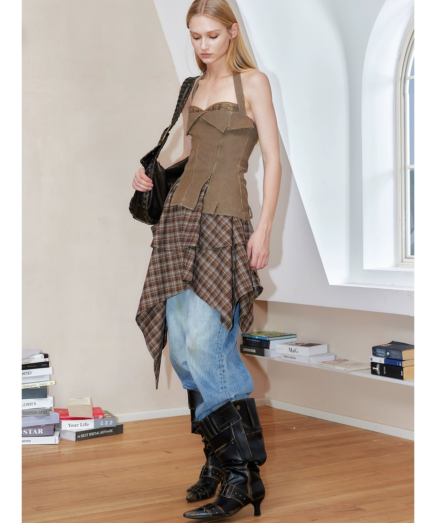 2th Desire复古洗水擦色做旧格纹拼皮朋克秋季设计感挂脖连衣裙女