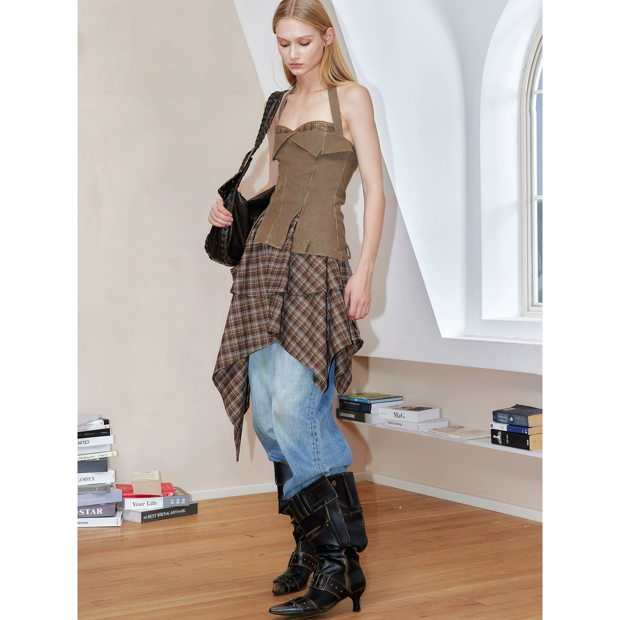 2th Desire复古洗水擦色做旧格纹拼皮朋克秋季设计感挂脖连衣裙女