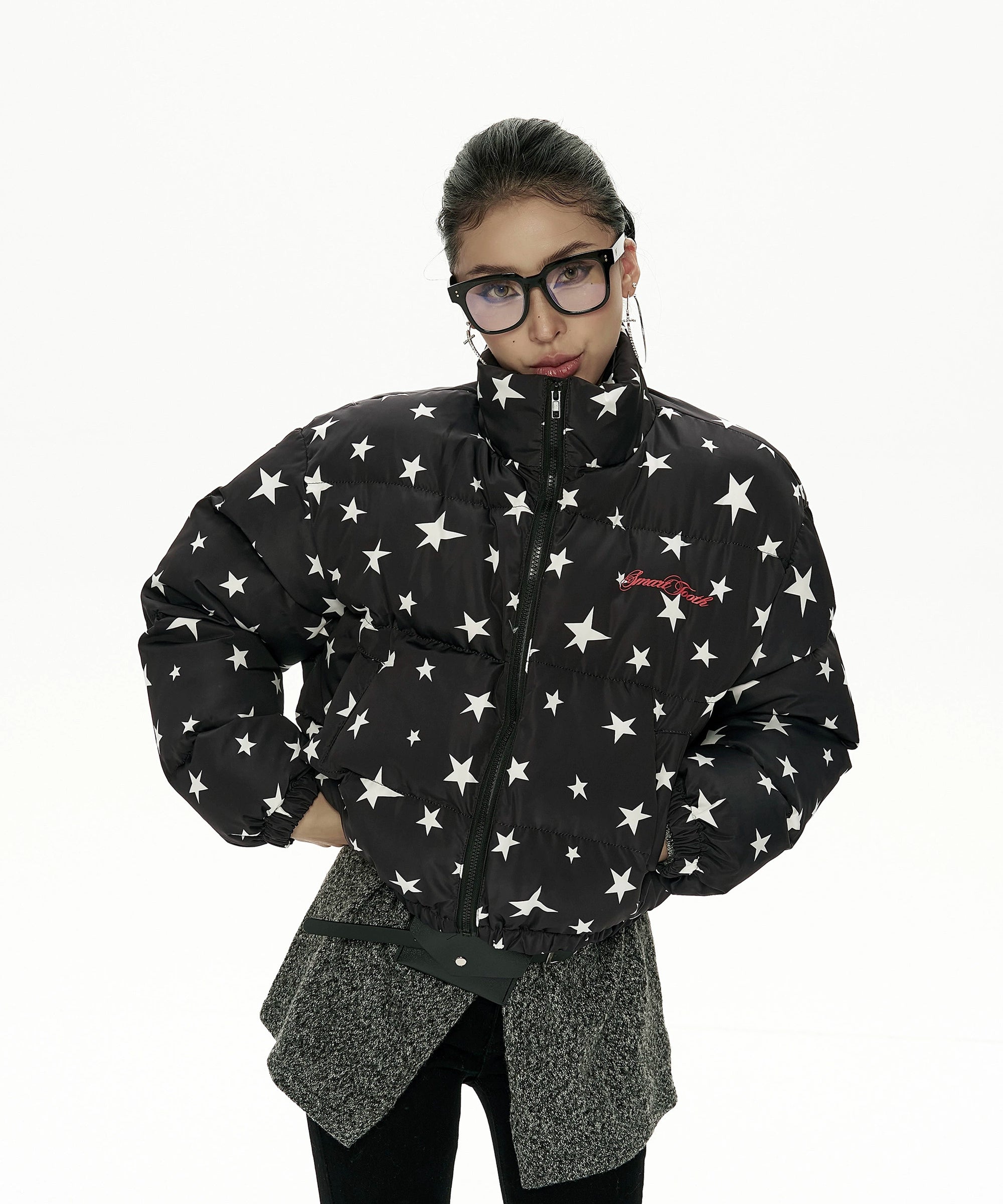 野生zero立领印花短款棉服女秋冬新款设计感小众宽松加厚棉衣外套