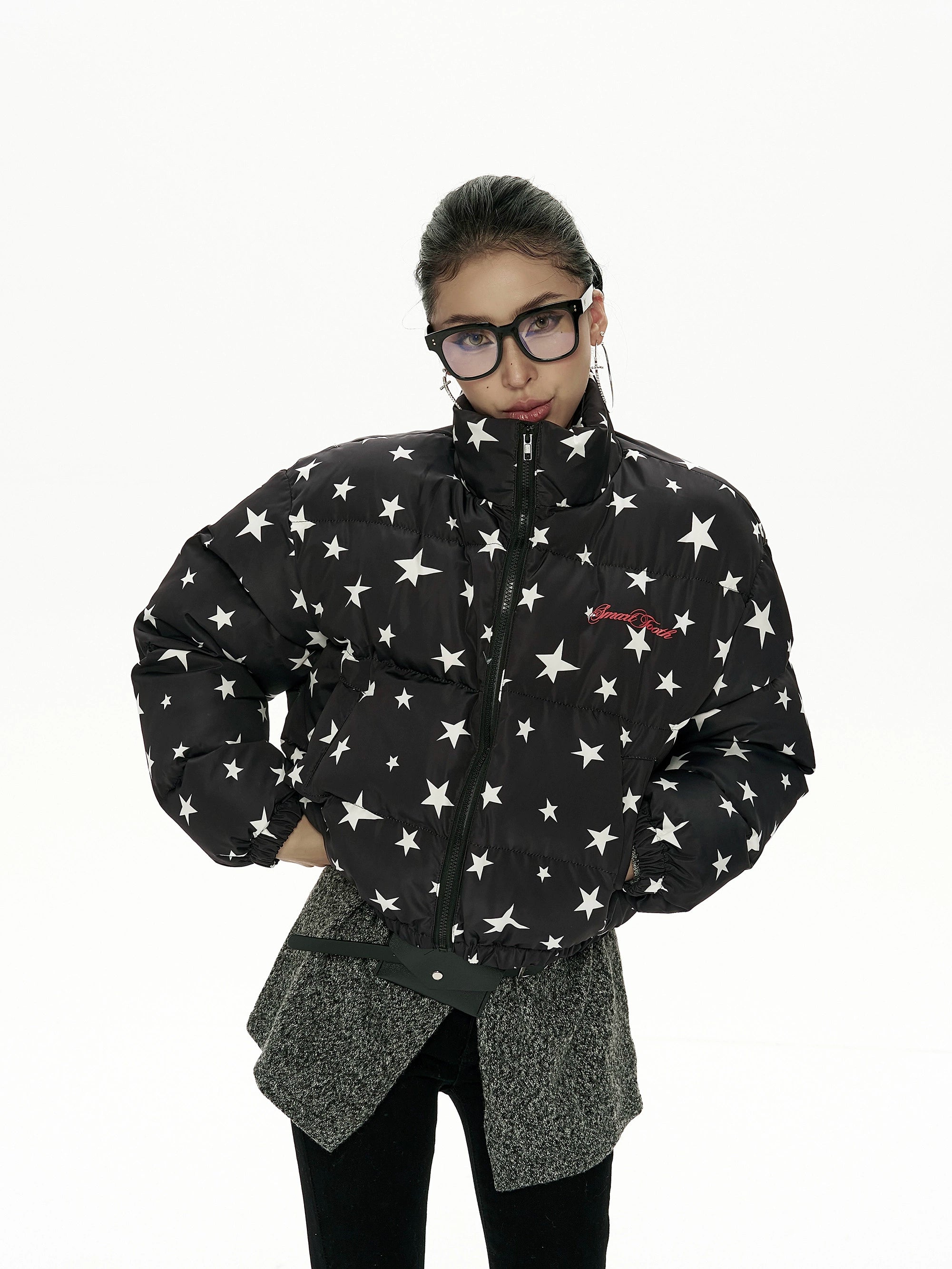 野生zero立领印花短款棉服女秋冬新款设计感小众宽松加厚棉衣外套