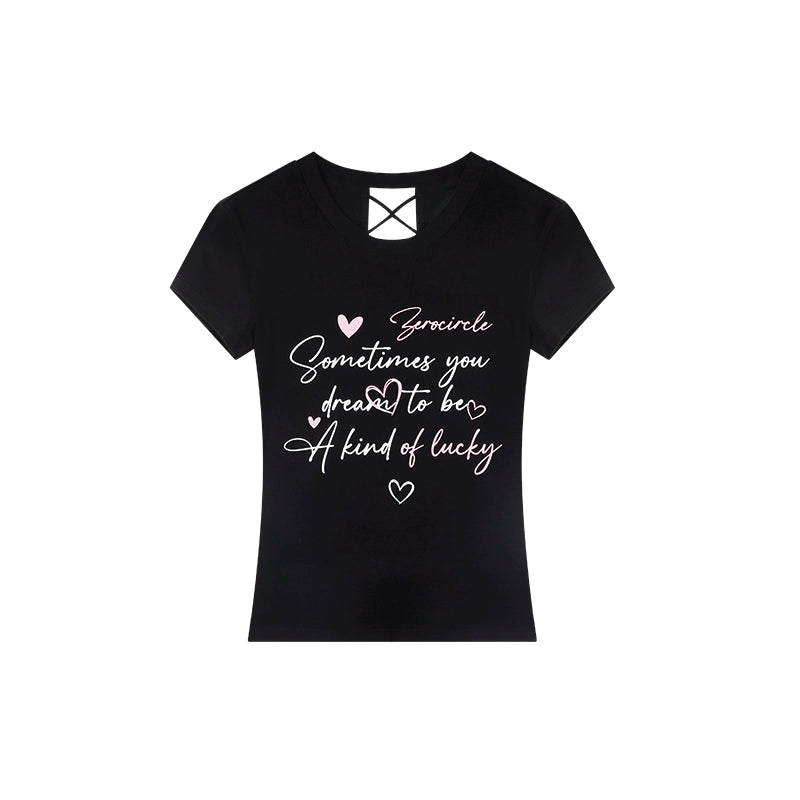 野生zero 黑白色正肩短袖t恤女夏季辣妹印花修身显瘦露背镂空上衣