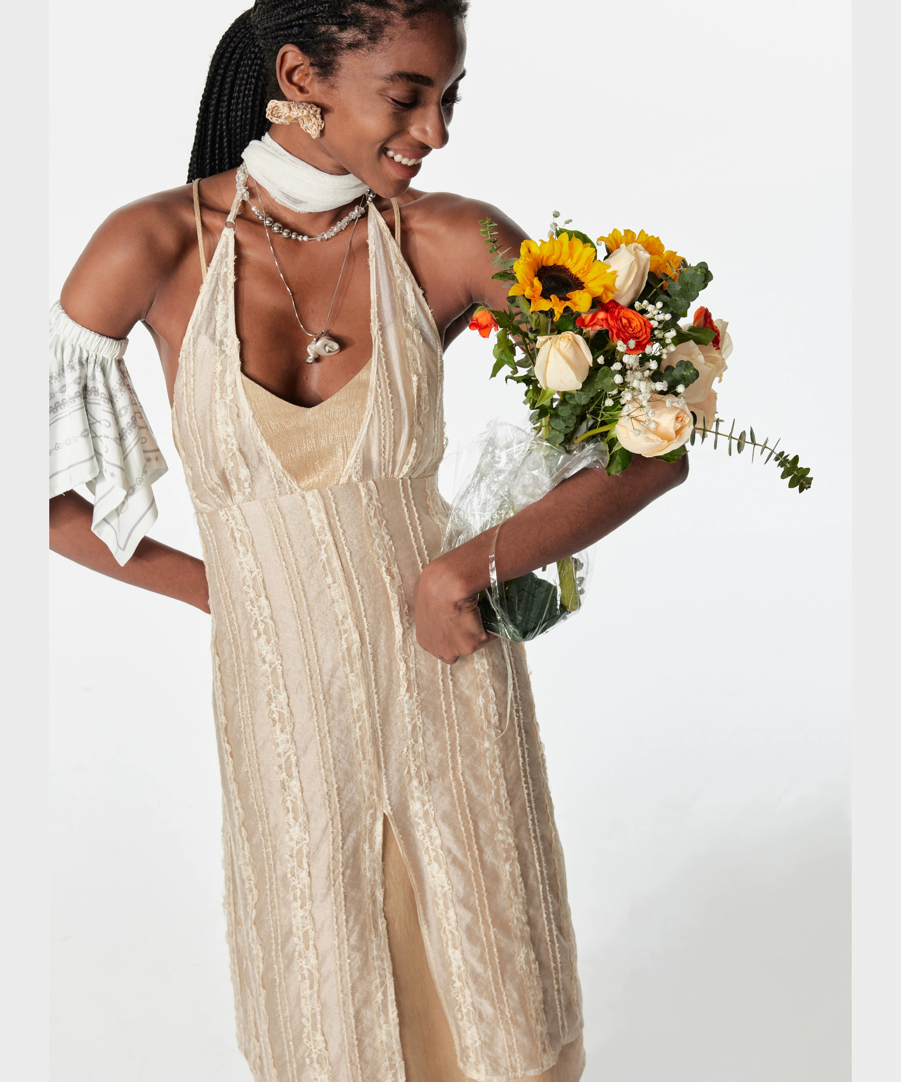 2th Desire假两件双层银丝花边绑带无袖露背度假风吊带裙连衣裙女