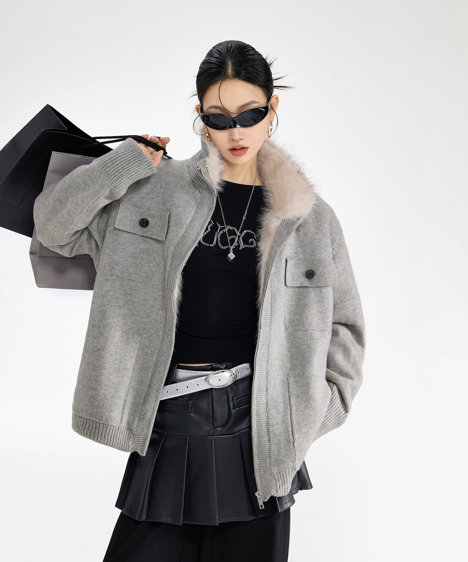 ICH MODE 美式内胆加绒毛针织开衫女秋冬季高领毛衣外套2025新款