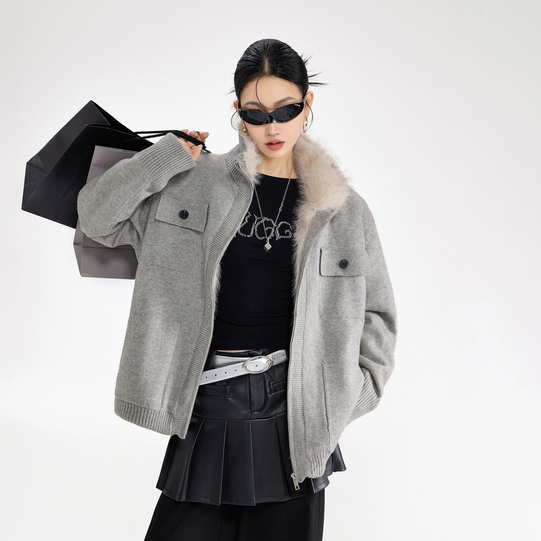 ICH MODE 美式内胆加绒毛针织开衫女秋冬季高领毛衣外套2025新款