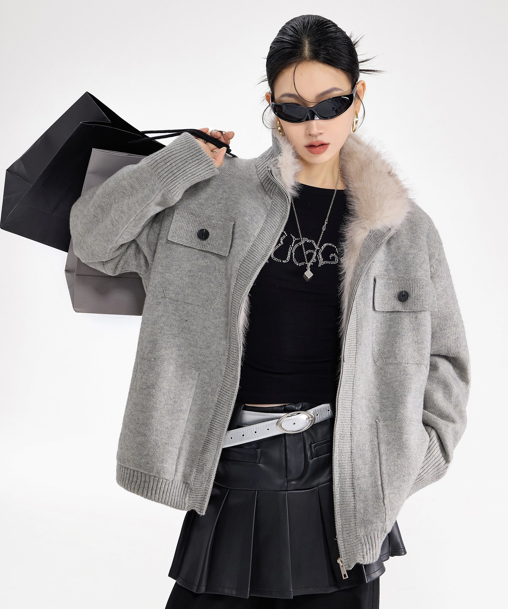 ICH MODE 美式内胆加绒毛针织开衫女秋冬季高领毛衣外套2025新款