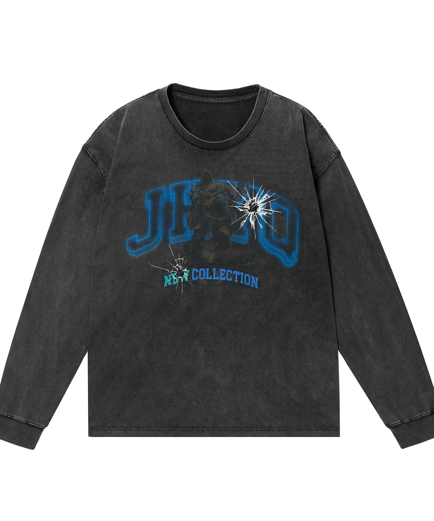 法斗犬丨JHYQ美式复古秋季水洗重磅320G长袖T恤男情侣印花卫衣衫