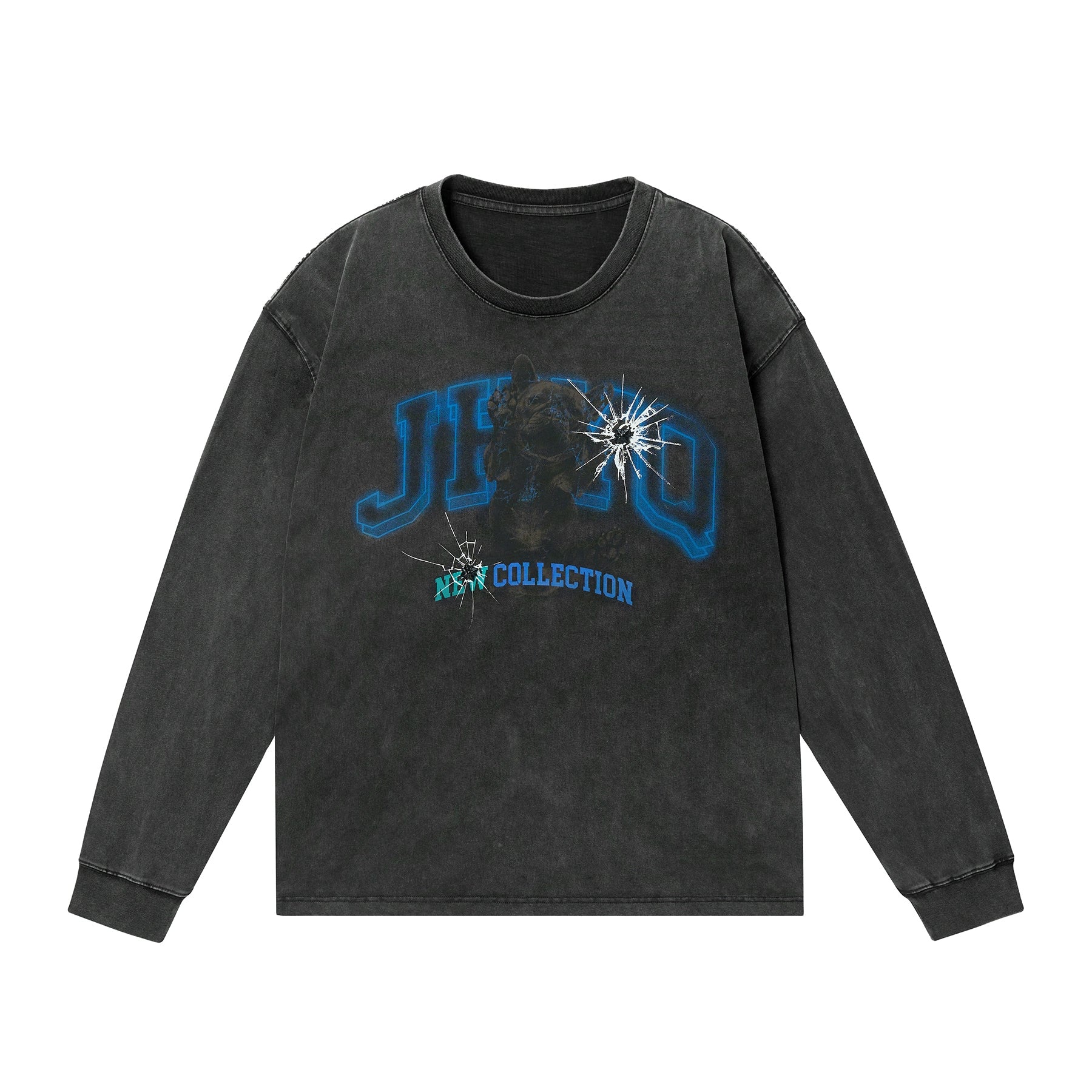 法斗犬丨JHYQ美式复古秋季水洗重磅320G长袖T恤男情侣印花卫衣衫