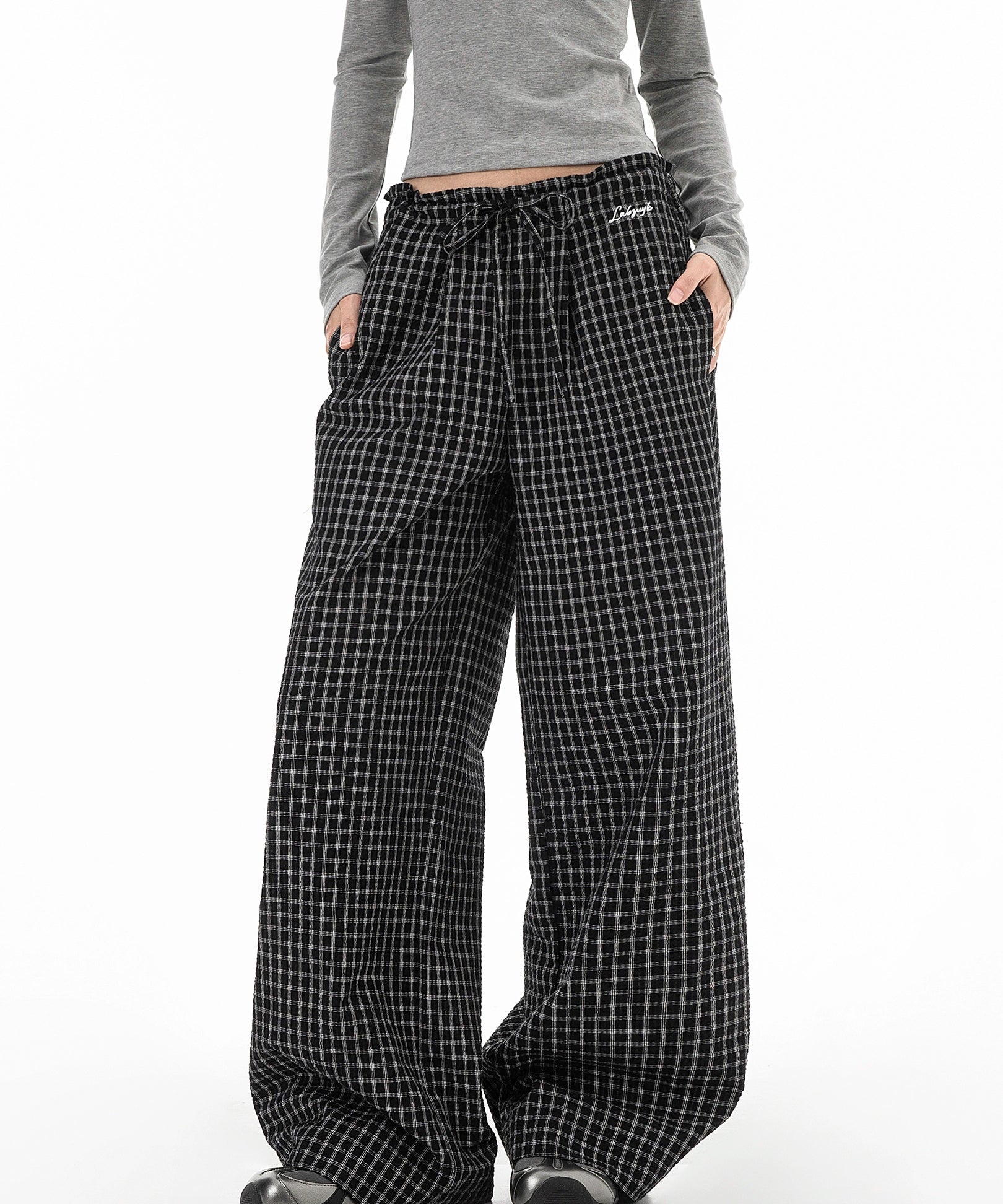 ICH MODE 美式复古宽松休闲裤女运动格子裤百搭直筒阔腿裤长裤子