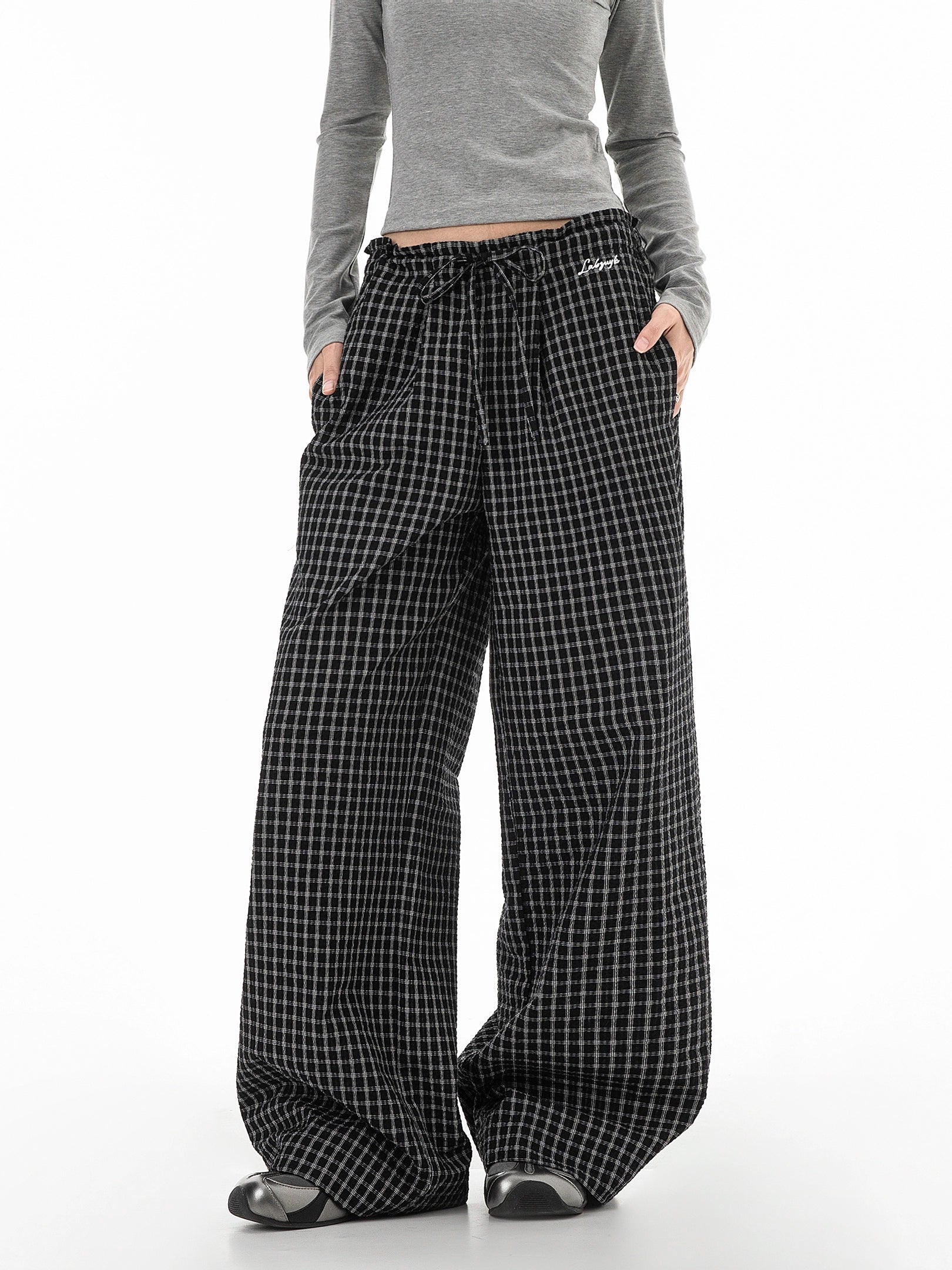 ICH MODE 美式复古宽松休闲裤女运动格子裤百搭直筒阔腿裤长裤子