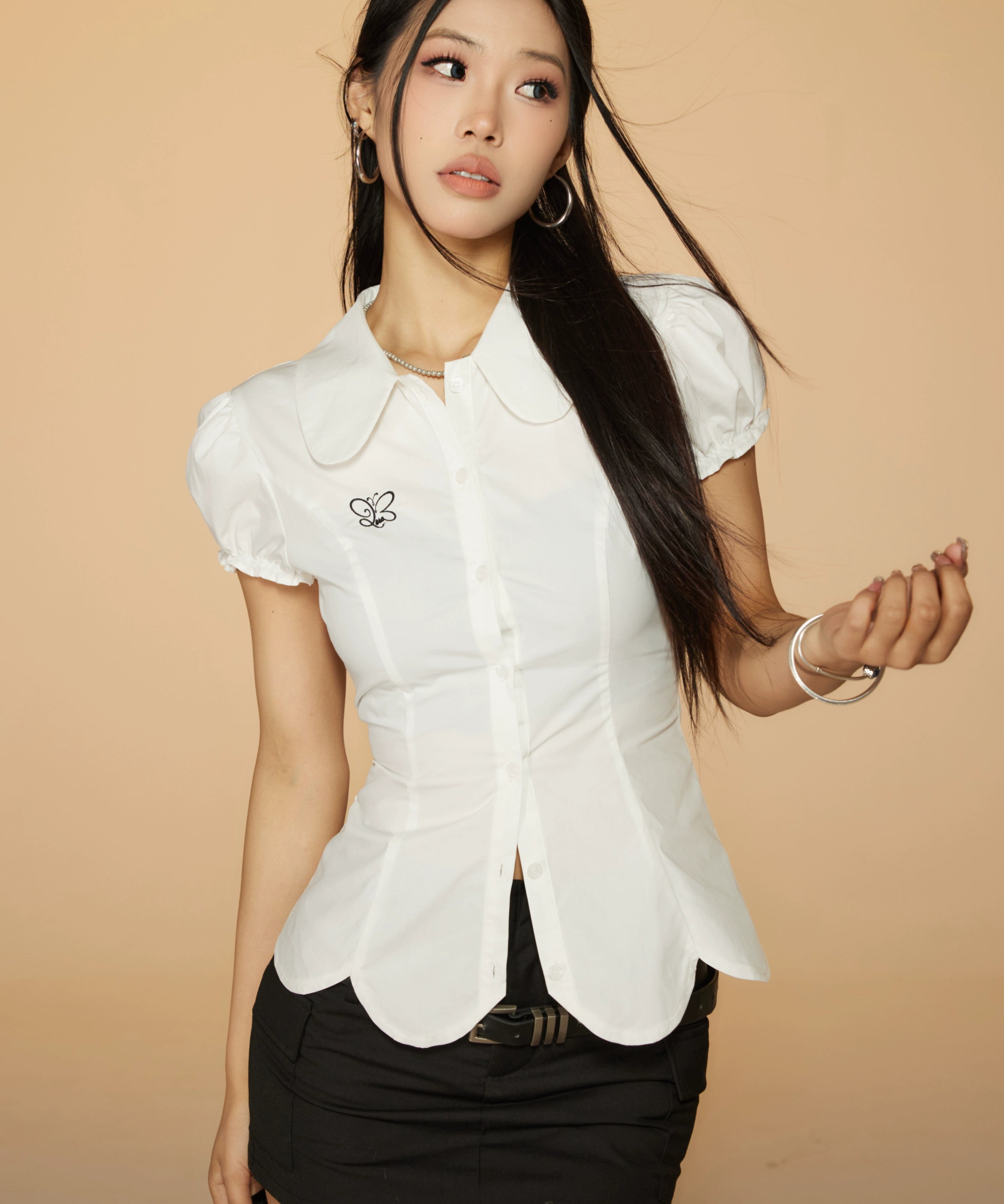 野生zerocircle白色娃娃领泡泡短袖衬衫女春韩系修身显瘦收腰上衣