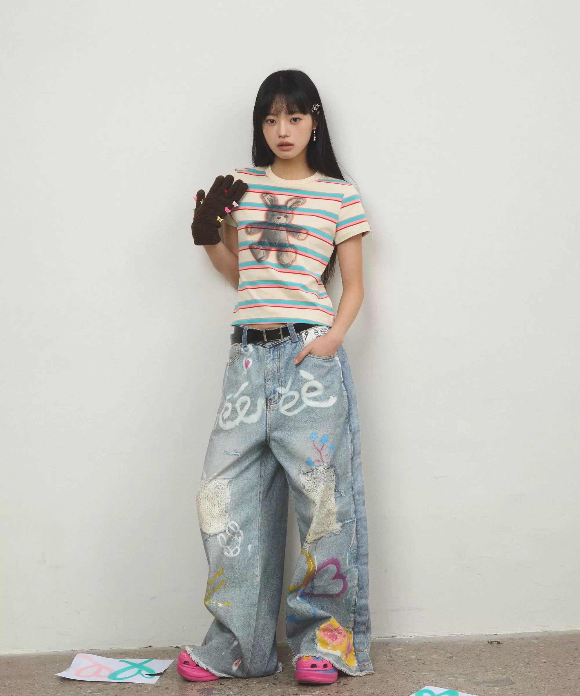 “粉刷匠”| eeee手绘爱心涂鸦重工设计牛仔裤3D破洞印花阔腿裤